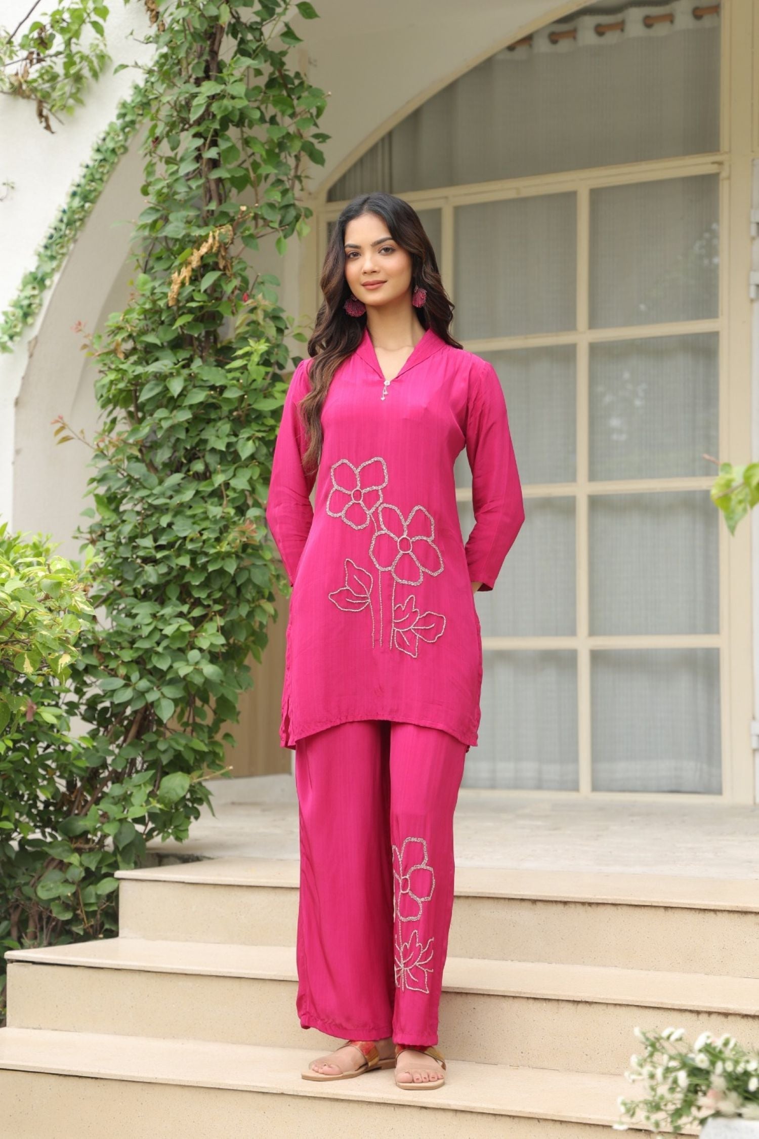 Fuchsia Pink Satin Golden Floral Embroidered Cord Set