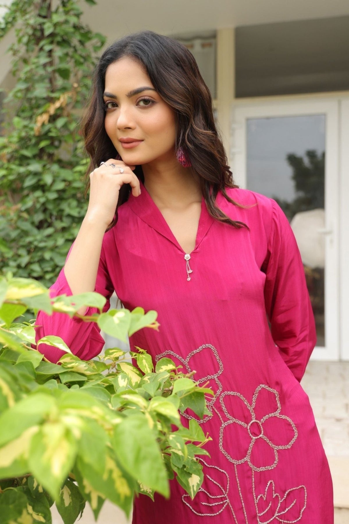 Fuchsia Pink Satin Golden Floral Embroidered Cord Set - Freyaa