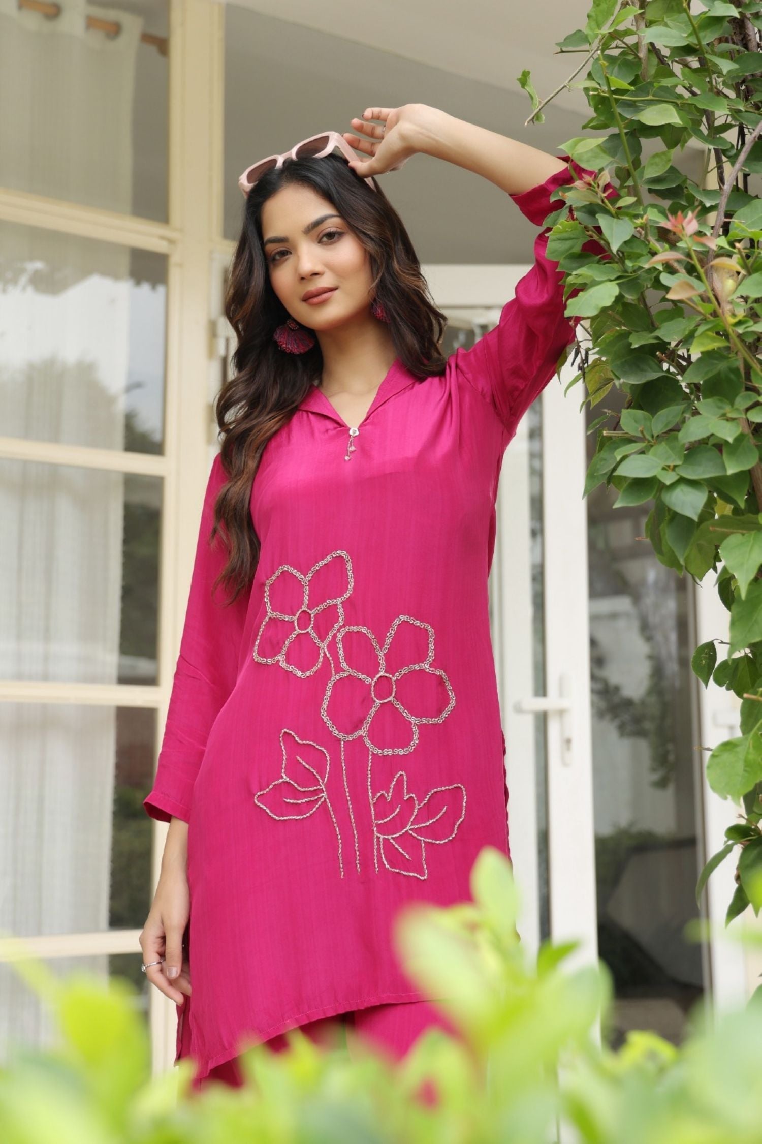 Fuchsia Pink Satin Golden Floral Embroidered Cord Set
