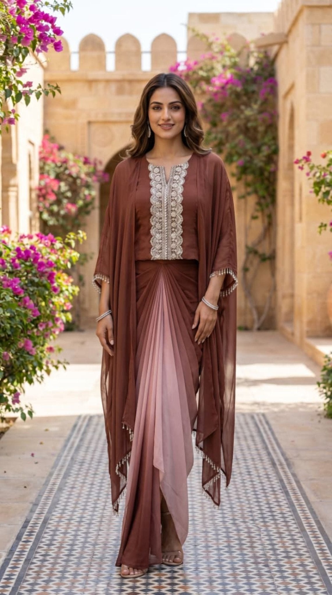 Chestnut Brown Ombre Draped Dhoti set - Freyaa USA & Canada