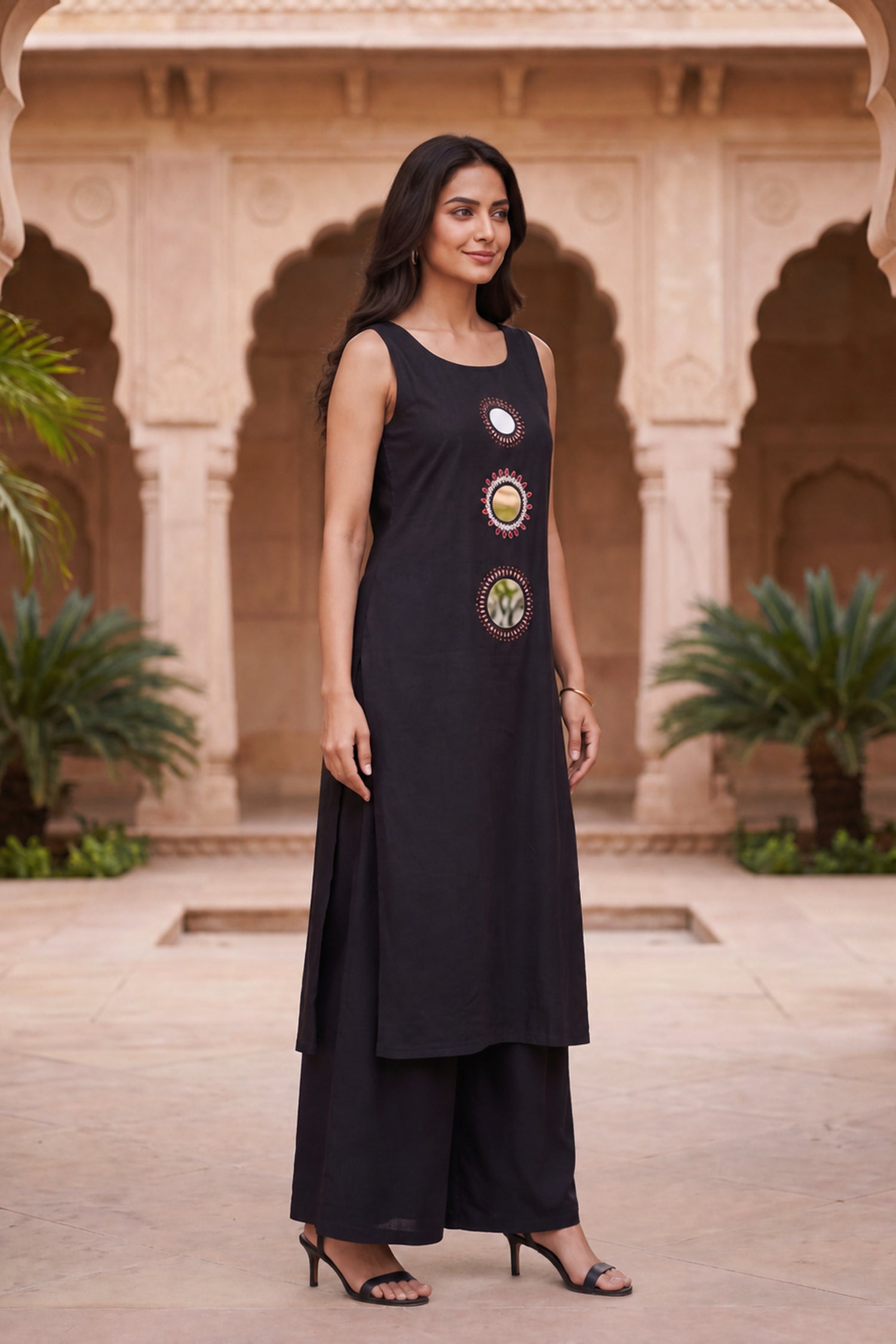 Black Sleeveless Mirror Work Cotton Kurta & Palazzo Co-Ord Set