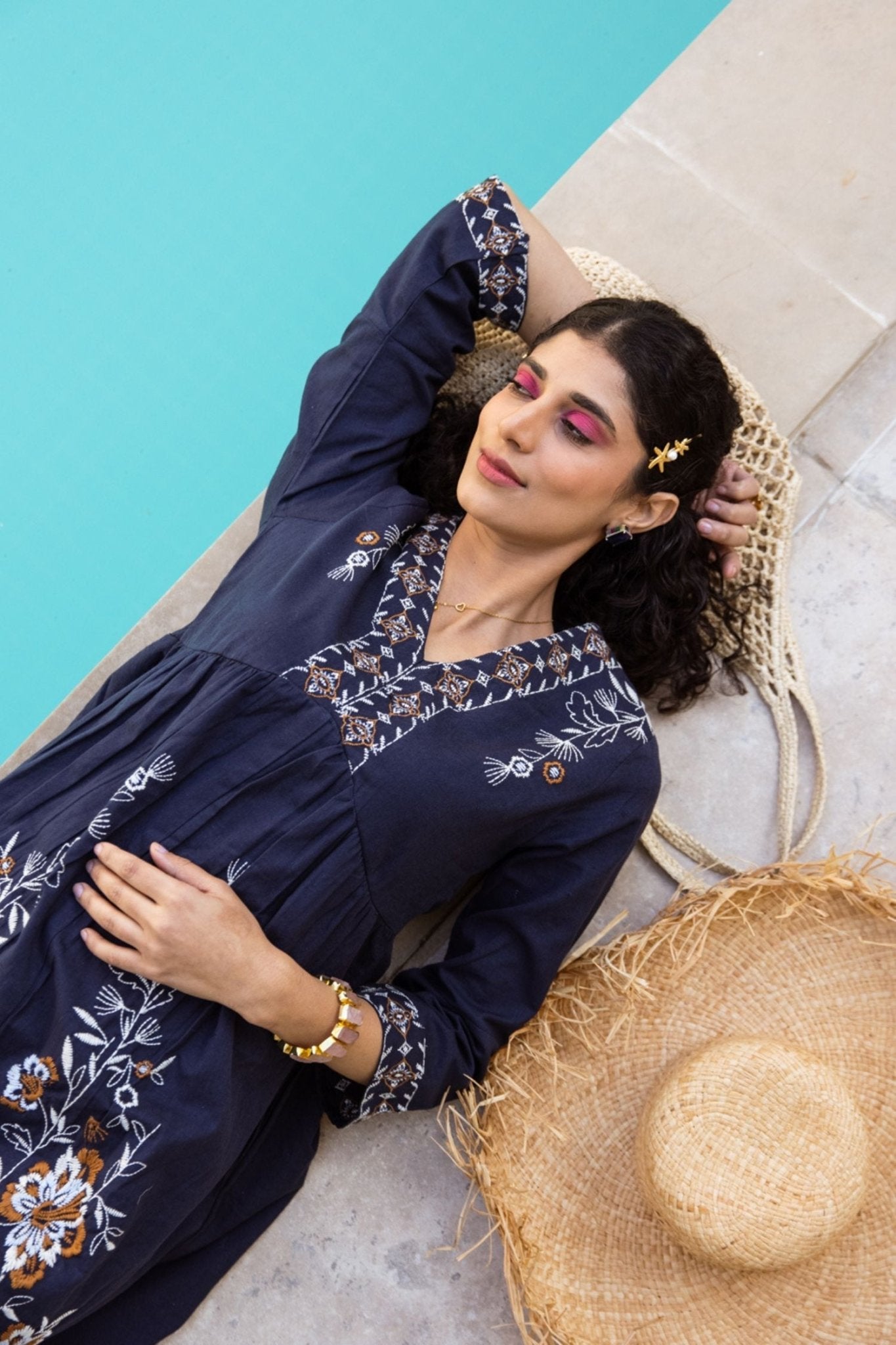Midnight Thread Embroidered Blue Tunic - Freyaa USA & Canada