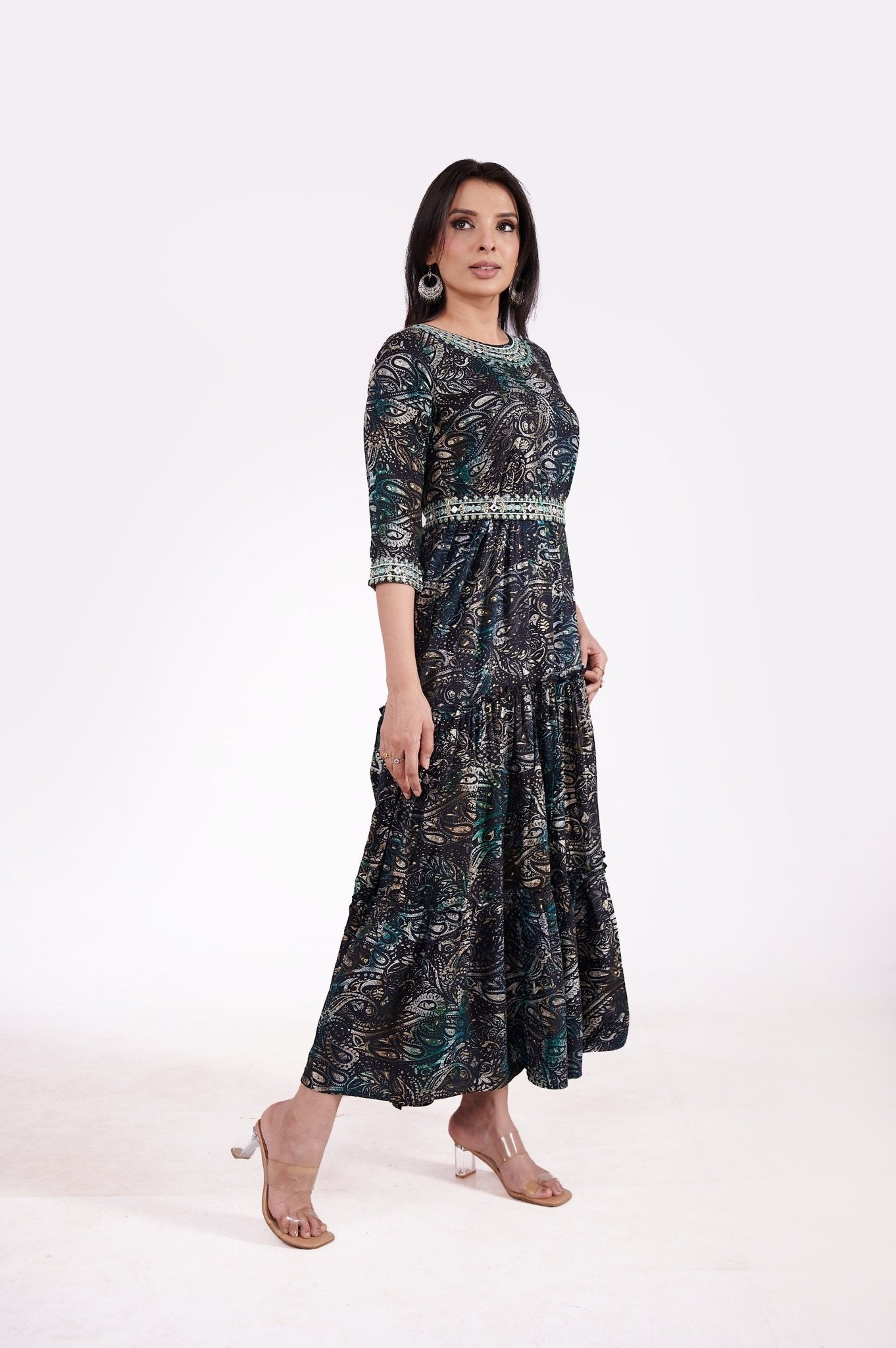 Rayon Pasley Printed Neck Embroidered Ethnic Dress - Freyaa USA & Canada
