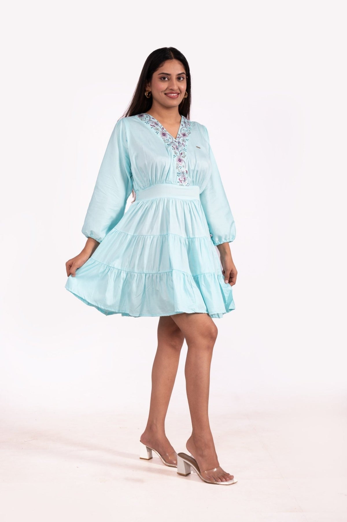 Gazi Silk V Neck Embroidered Tunics - Sea Green - Freyaa USA & Canada