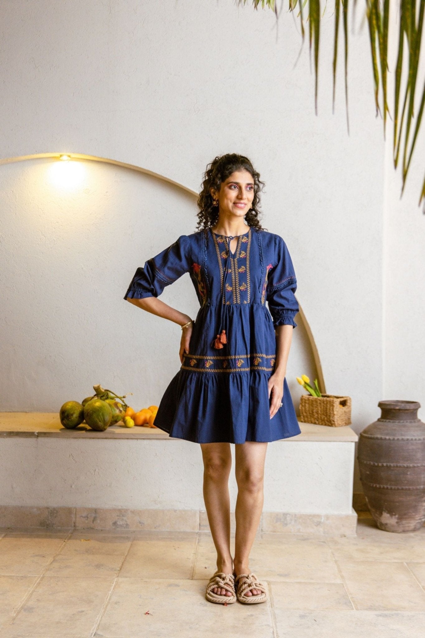 Blue Tunic with Intricate Neck Design - Freyaa USA & Canada