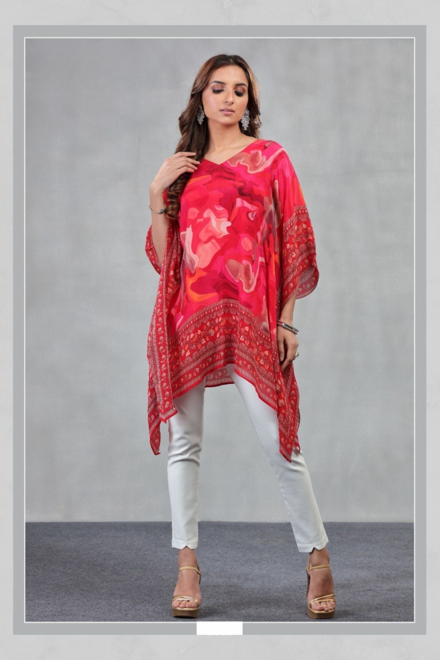 Red Abstract Print Chinon Short Kaftan