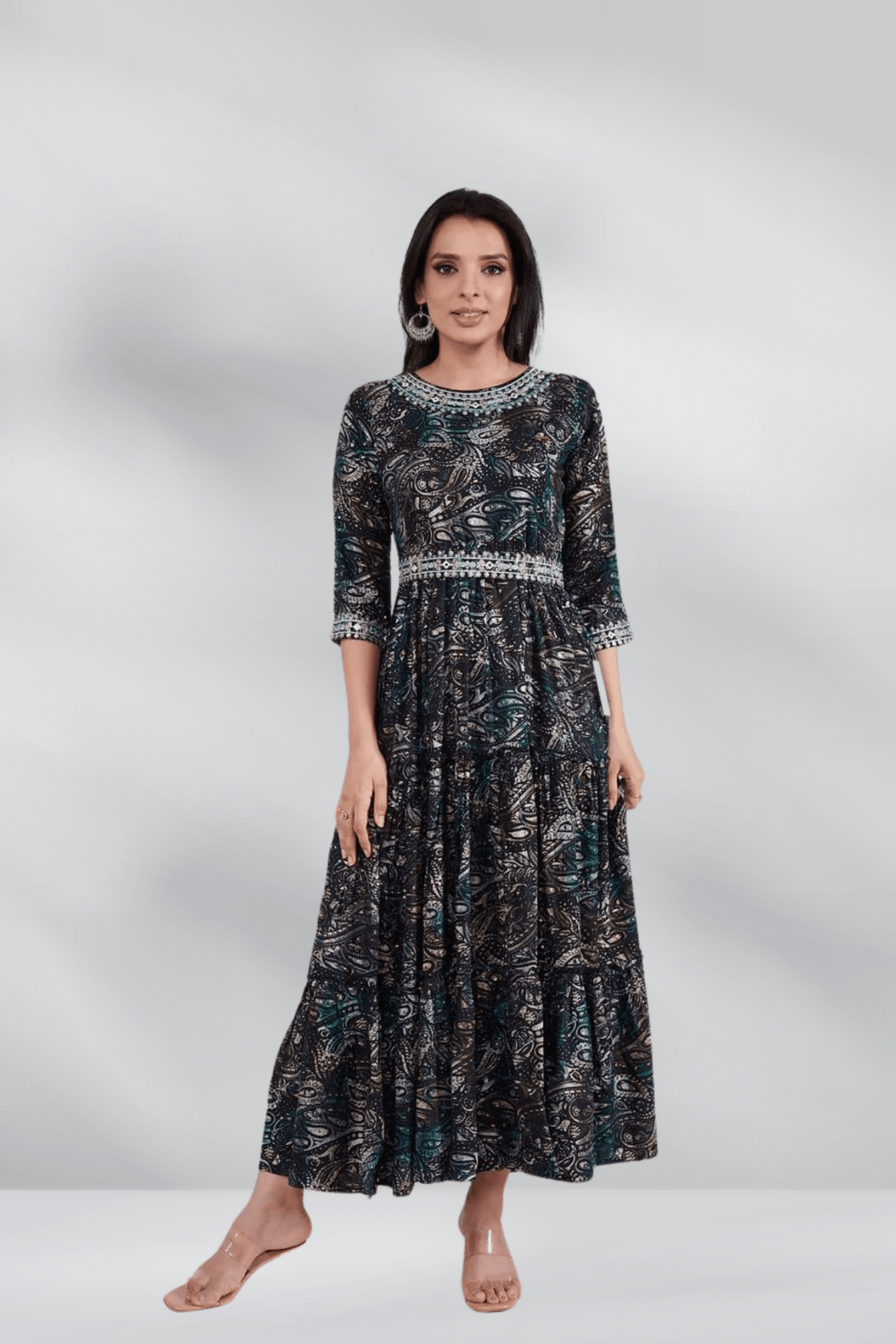 Rayon Pasley Printed Neck Embroidered Ethnic Dress - Freyaa USA & Canada