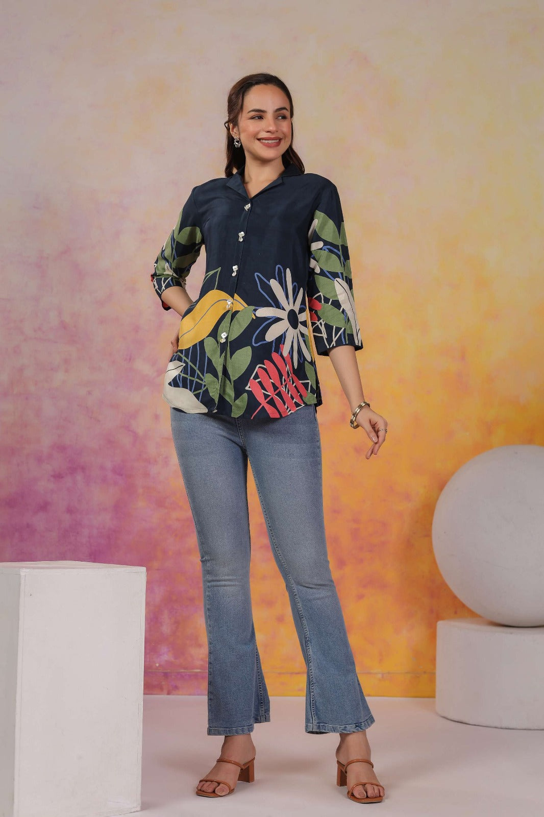 Blue Floral Printed Cotton Top