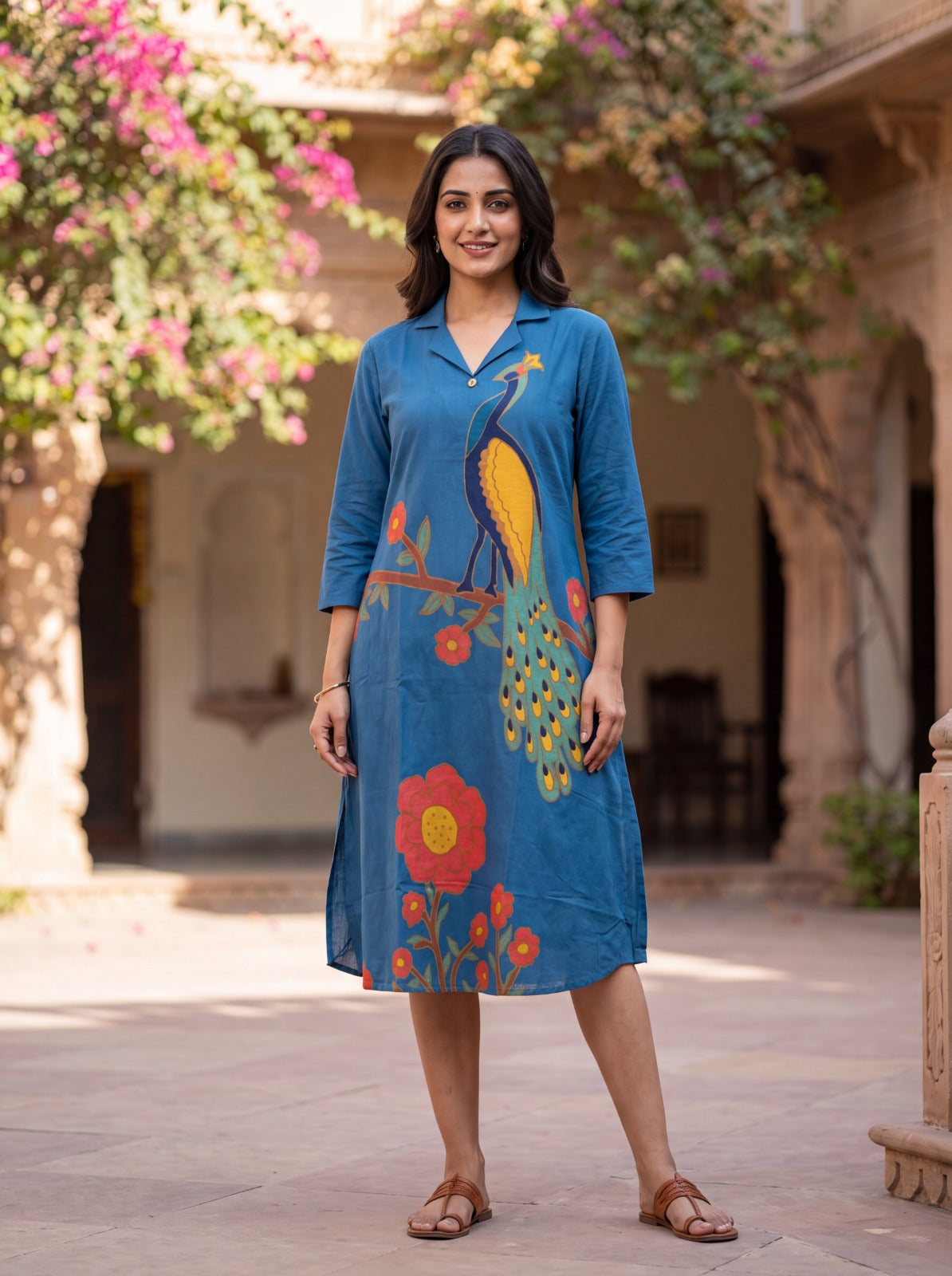 Women's Blue Peacock Print Gichha Cotton Midi Dress with Waist Tie-Up - Freyaa USA & Canada