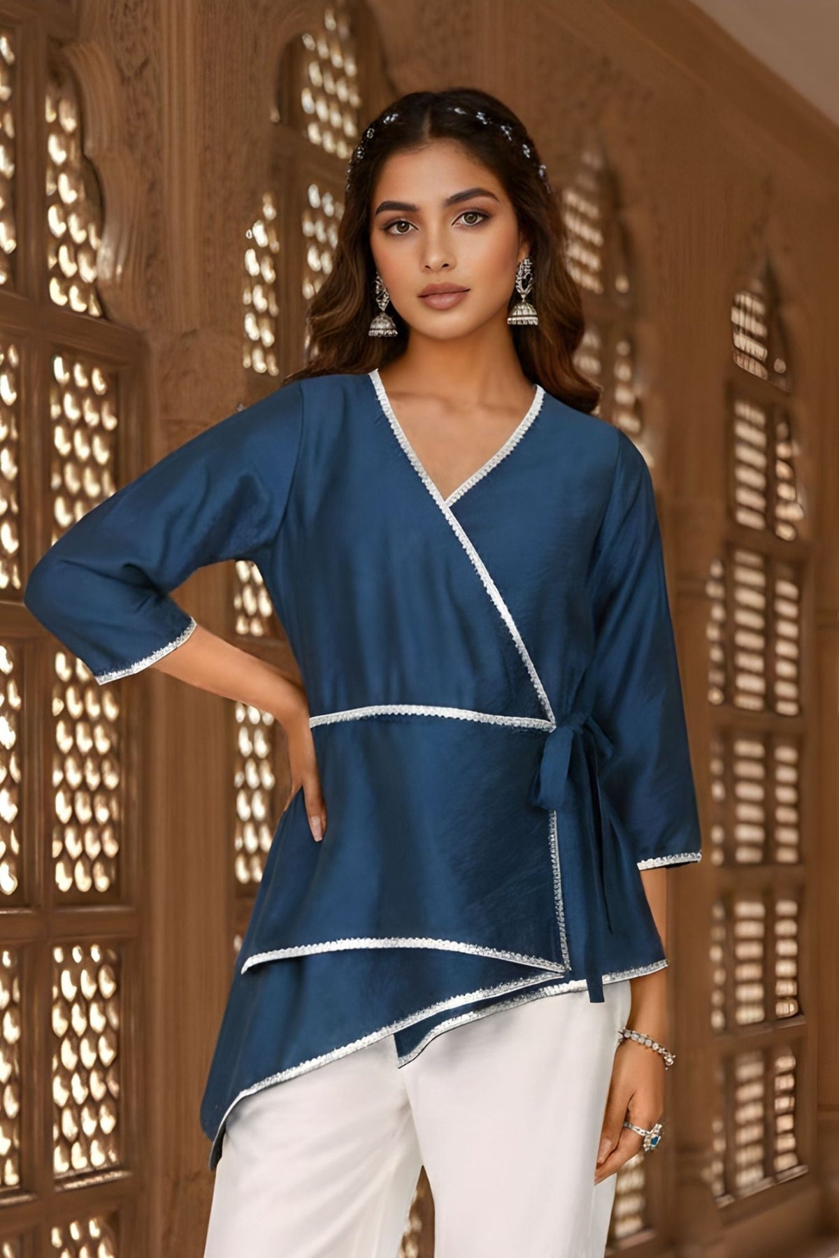 Blue Wrap-Style Asymmetric Top - Freyaa USA & Canada
