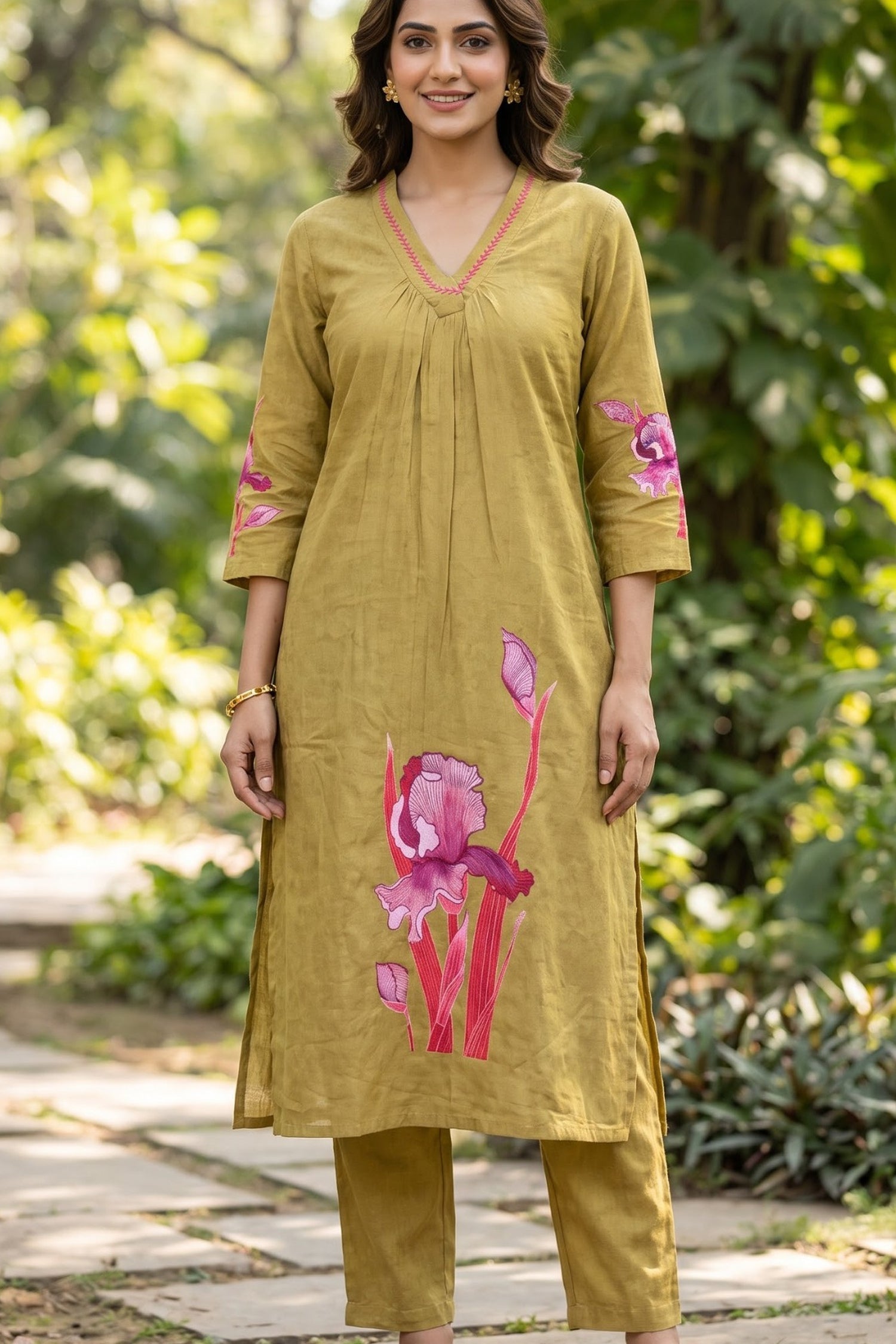 Olive Green Mul Cotton  Floral Hand Painted Straight Kurta Co-Ord Set