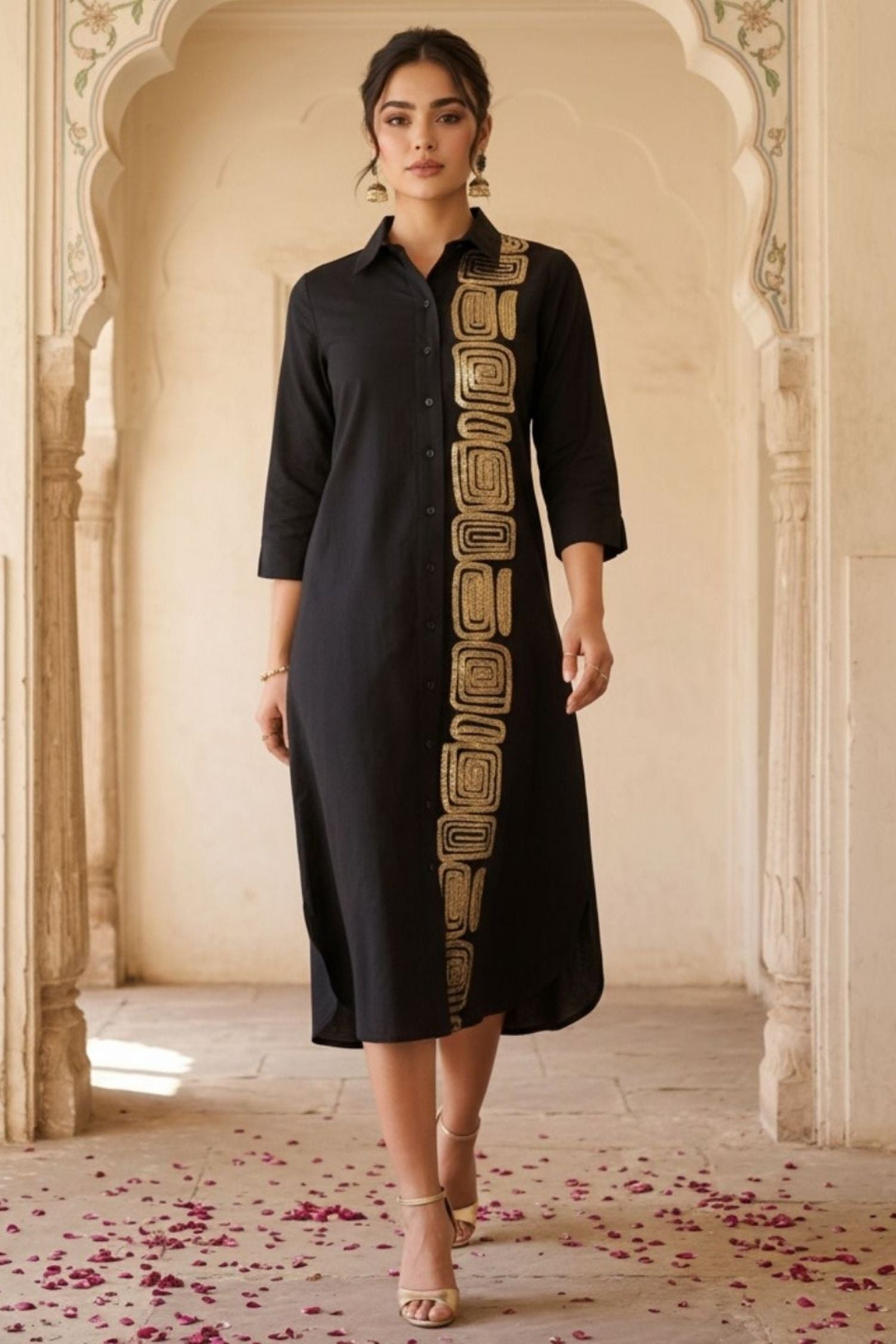 Black Embroidered Shirt Dress