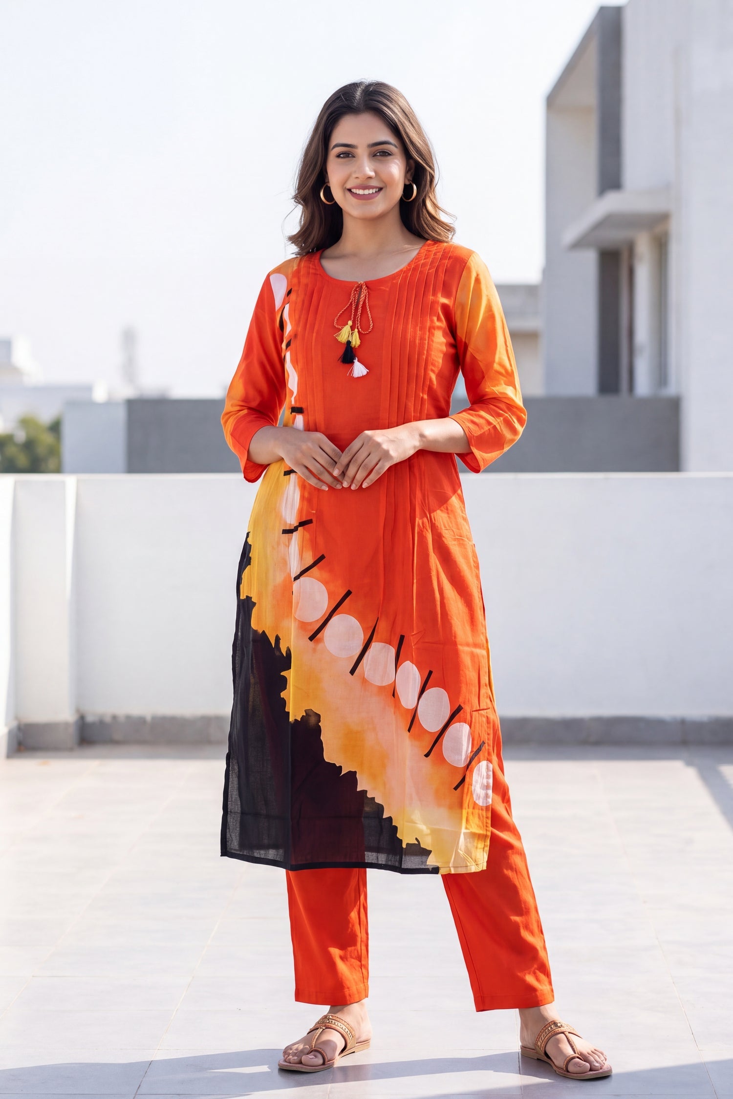 Orange & Black Asymmetric Layered Cotton Kurta Co-Ord Set
