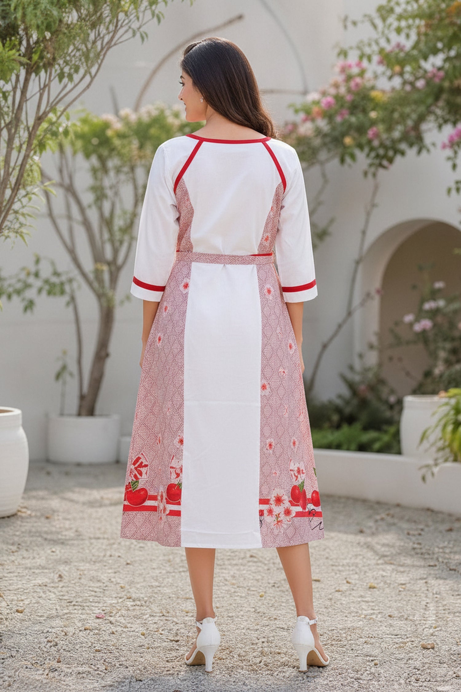 Women's White Cherry Breeze Prints A-line Cotton Dress.