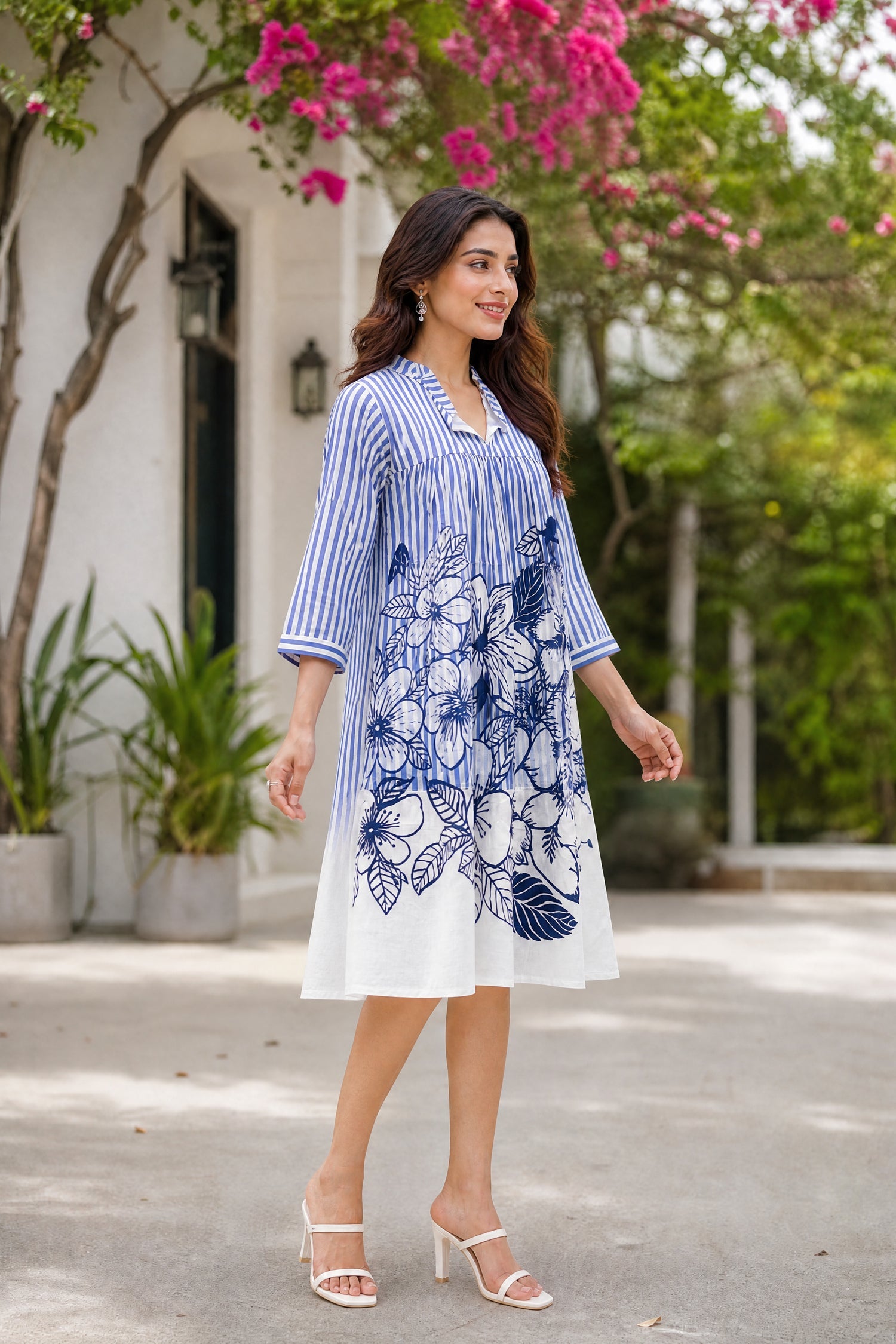 Blue & White Striped A-Line Tunic Shirt Dress.