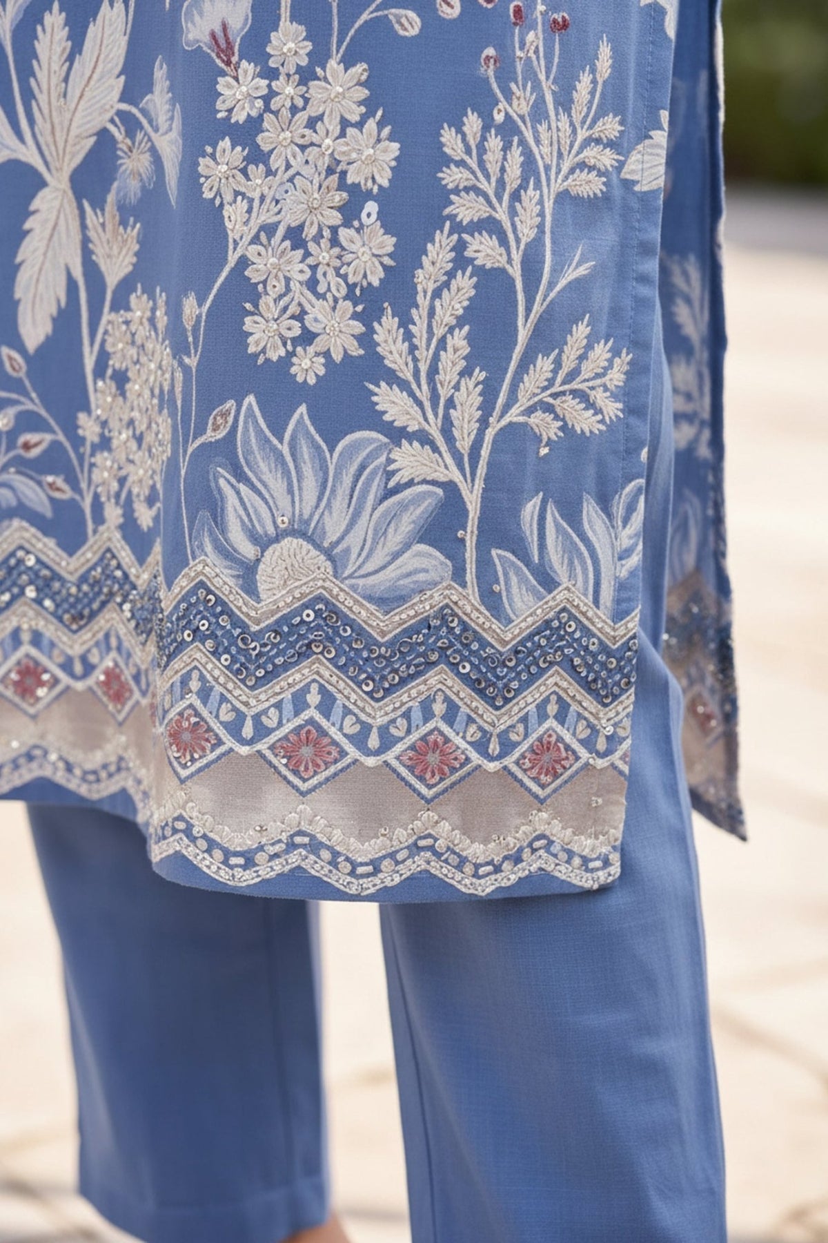 Powder Blue Floral Border CordSet - Freyaa
