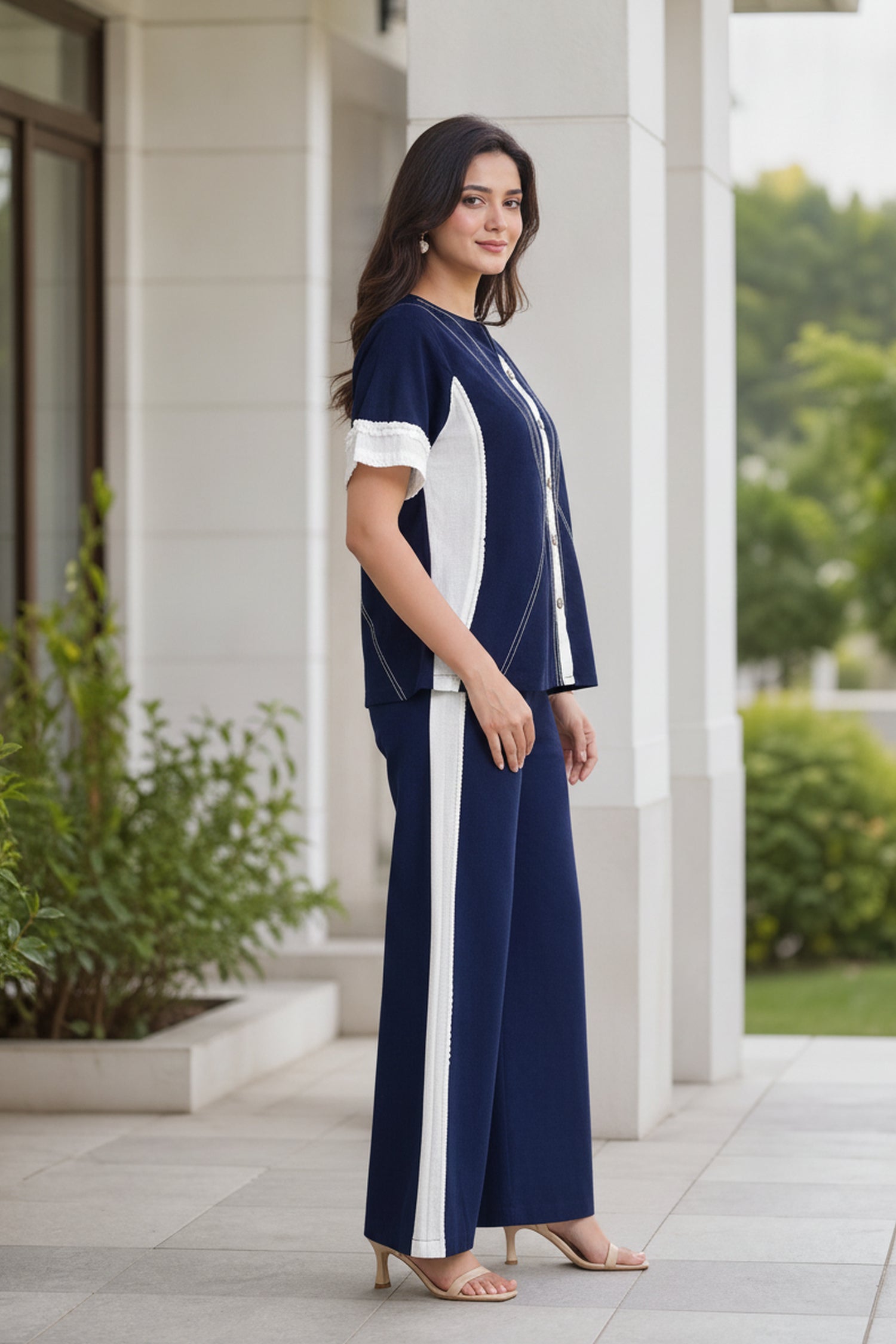 Chic Navy Blue Button Down Top & Wide Leg Trouser Co-Ord set