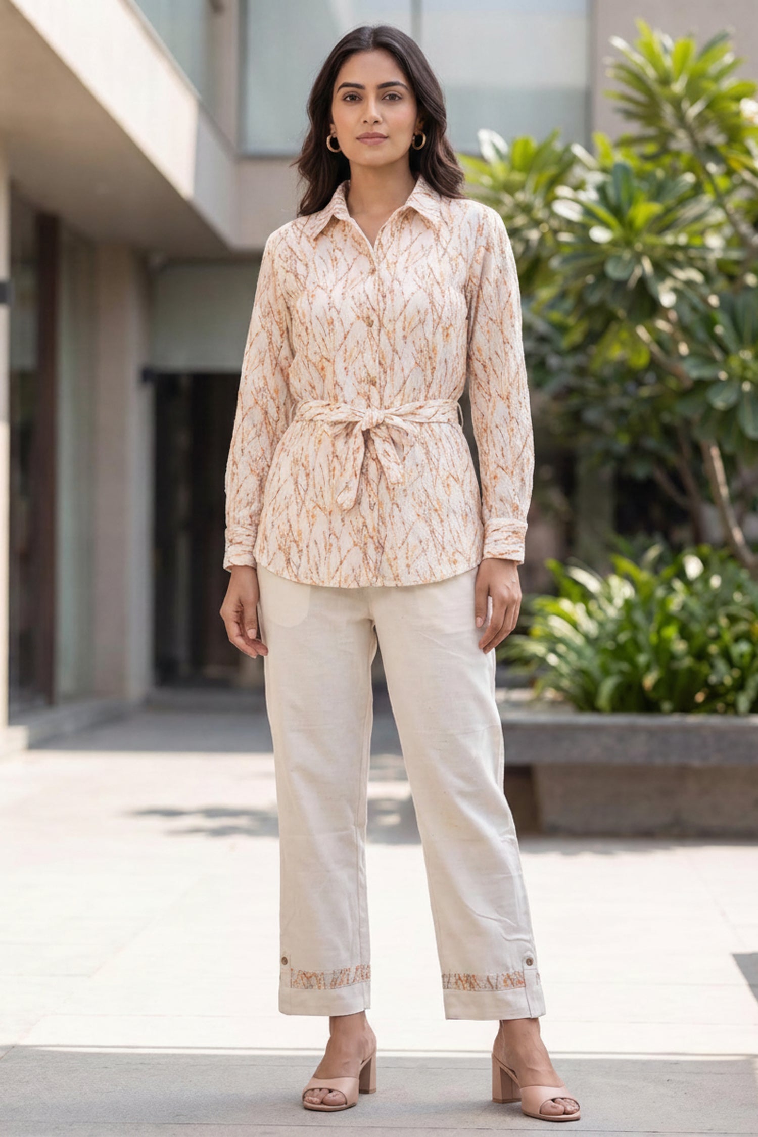Light Peach Pink Patterned Tie- Waist  Cotton Co-Ord Set