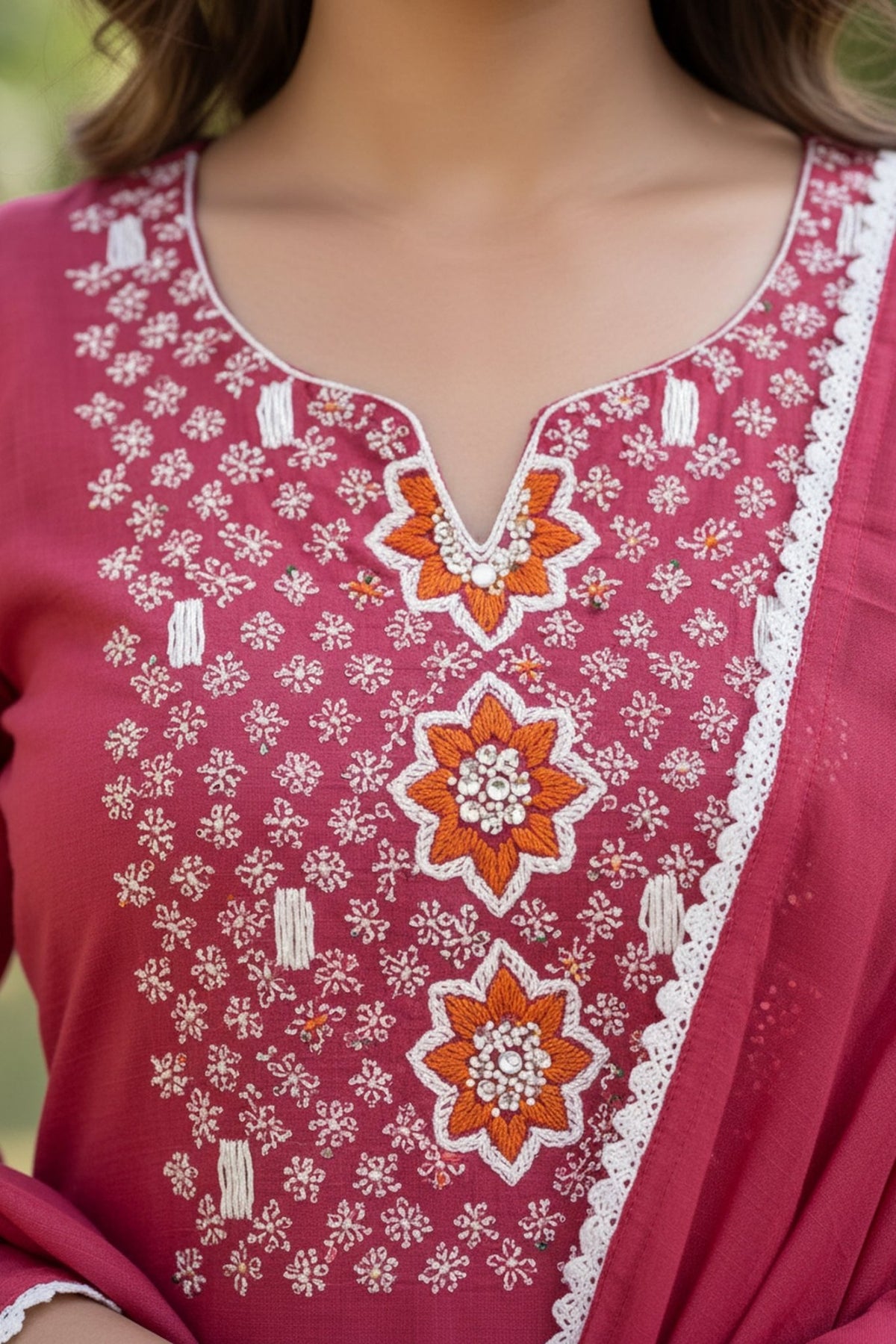 Freyaa Mul Cotton Pink Embroidered Straight Kurta Set with Dupatta - Freyaa
