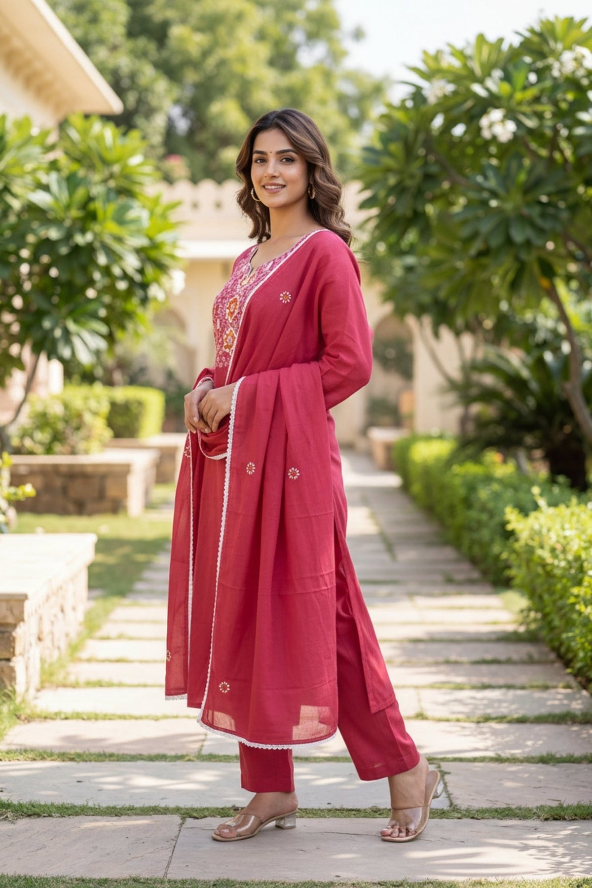 Freyaa Mul Cotton Pink Embroidered Straight Kurta Set with Dupatta - Freyaa