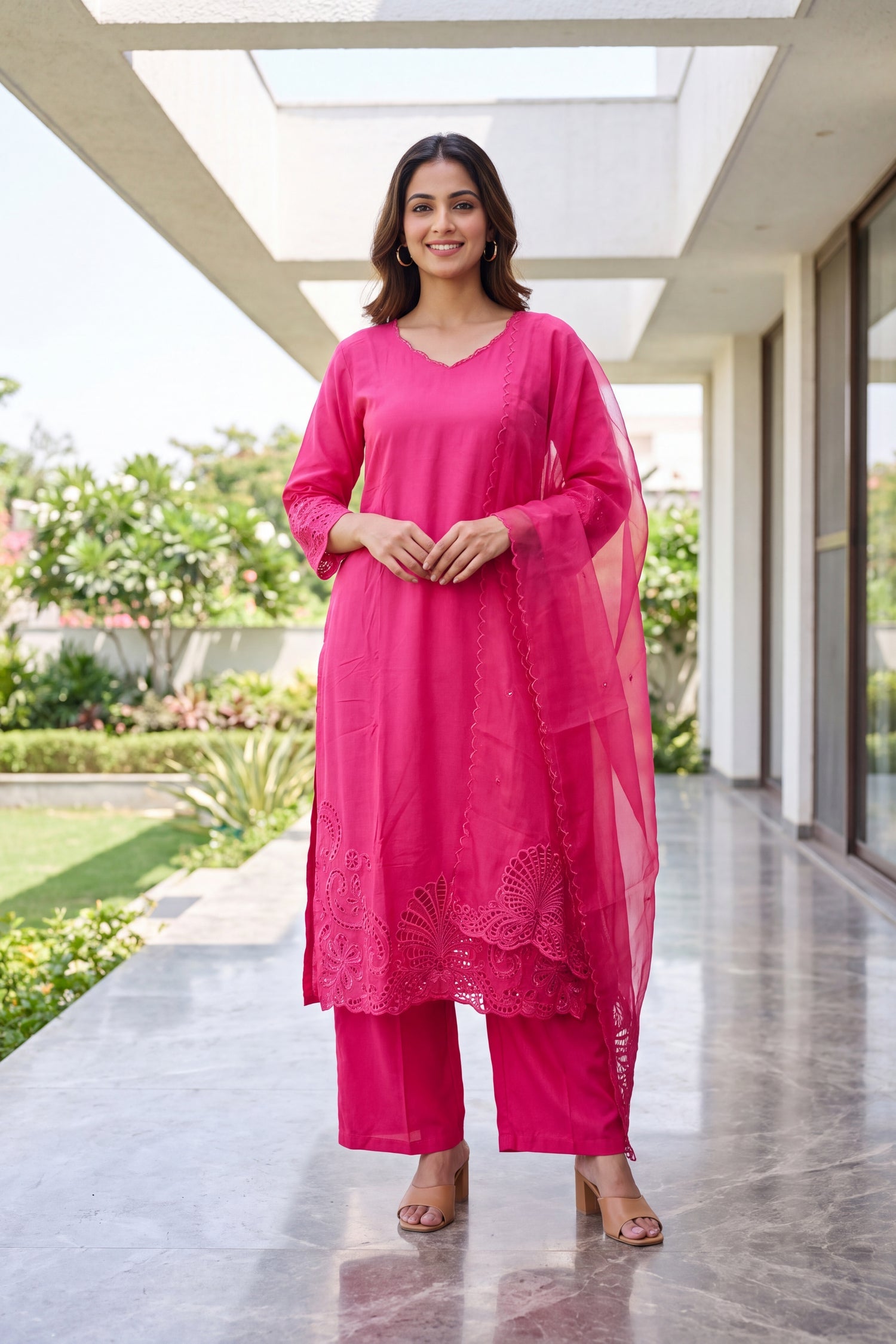 Freyaa Magenta Pink Mul Chanderi Straight Kurta Set With Intricate Cutwork Lace Hem and Dupatta.