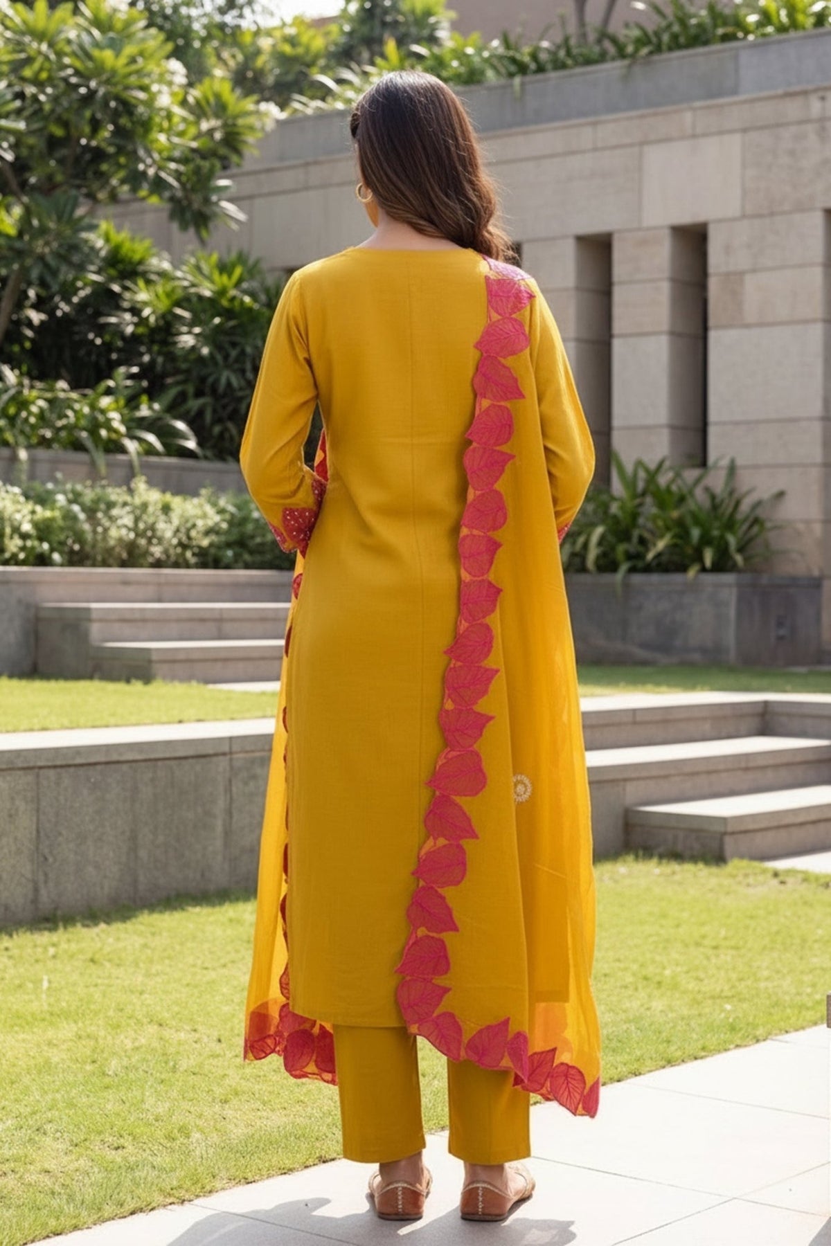Mustard Pink Leaf Embroidered Three Piece Suit - Freyaa
