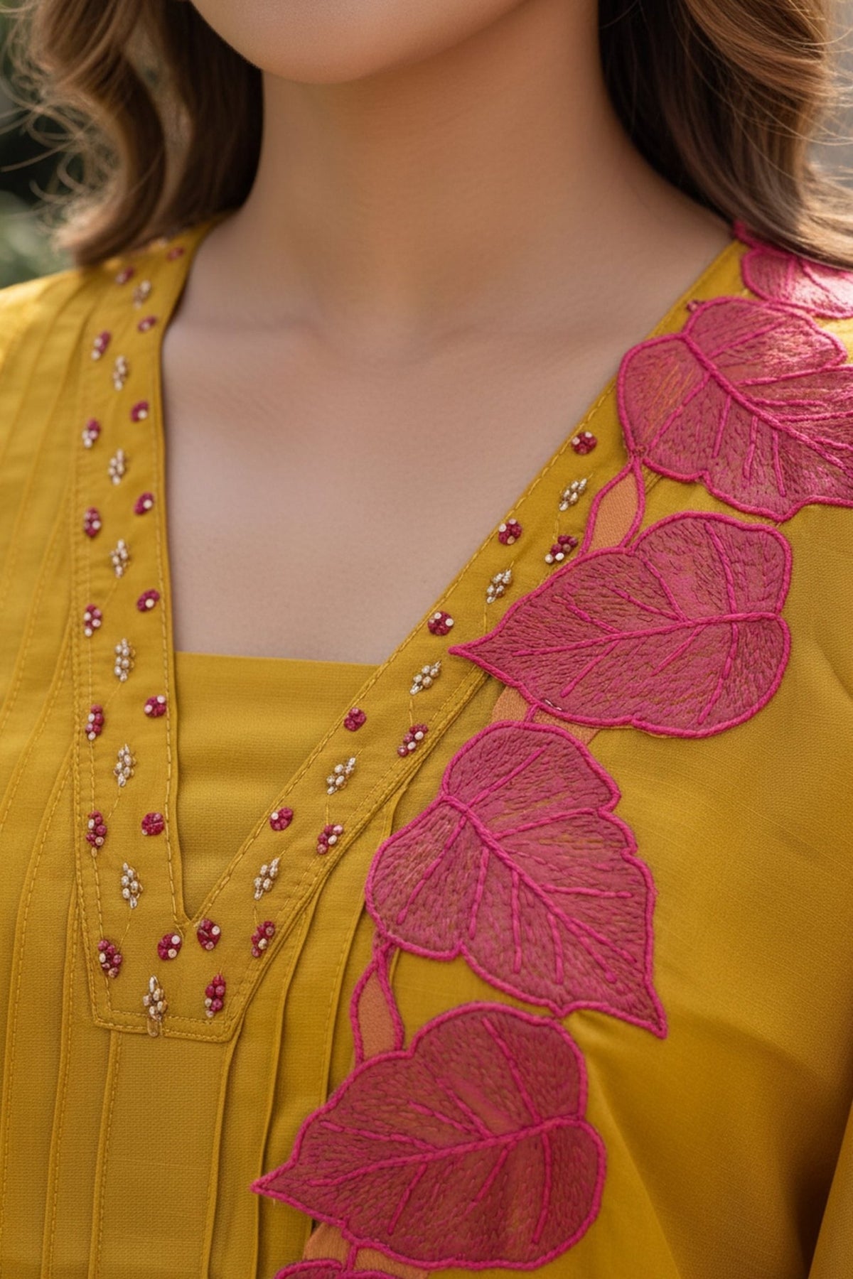 Mustard Pink Leaf Embroidered Three Piece Suit - Freyaa