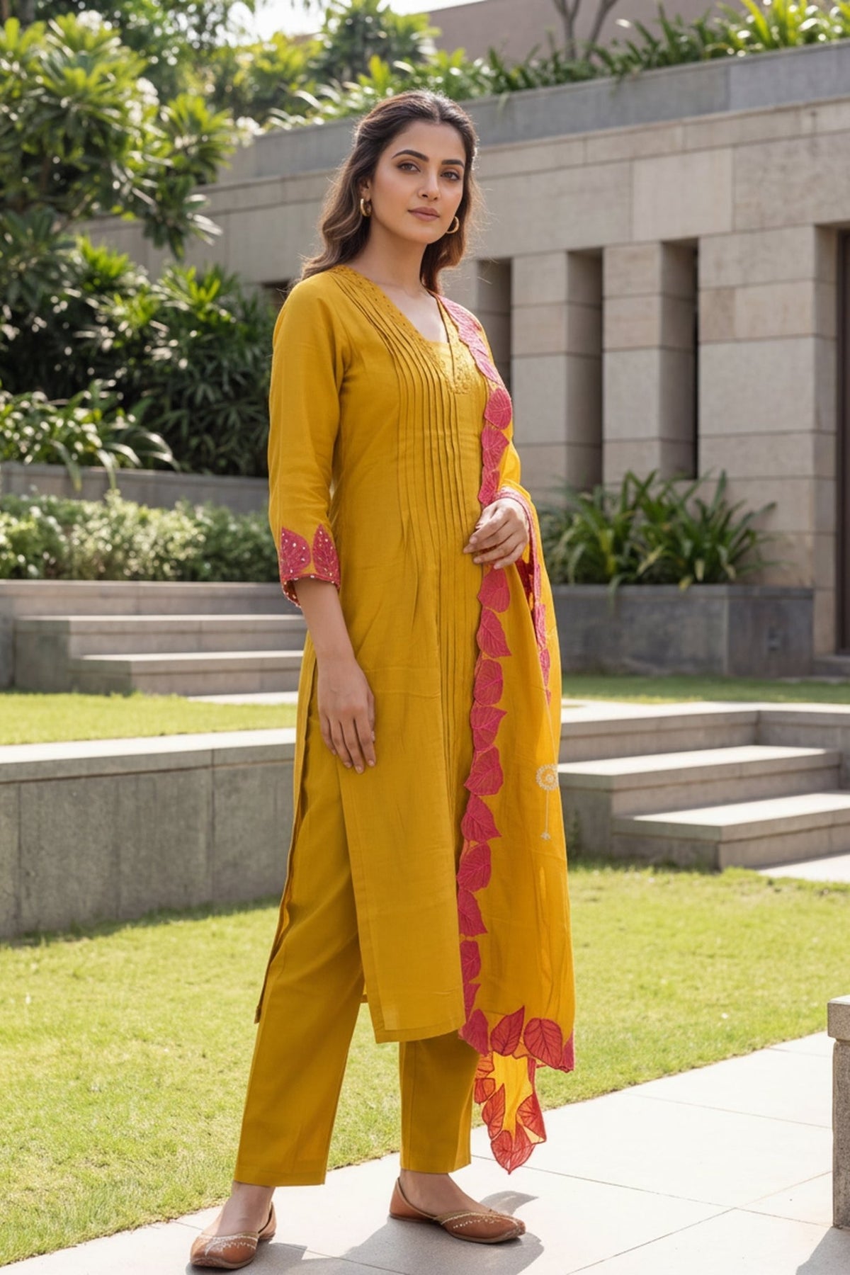 Mustard Pink Leaf Embroidered Three Piece Suit - Freyaa