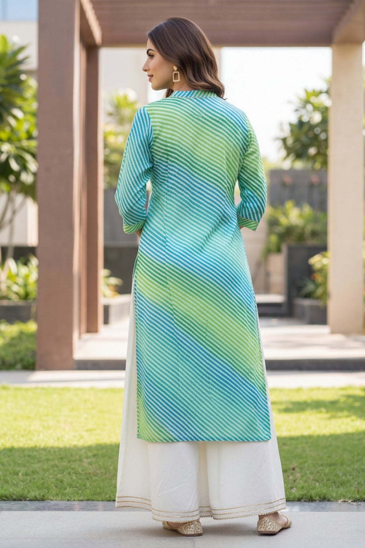 Teal Green & Yellow Striped Anarkali Kurta Set with Off-White Pleated A-Line Inner - Freyaa