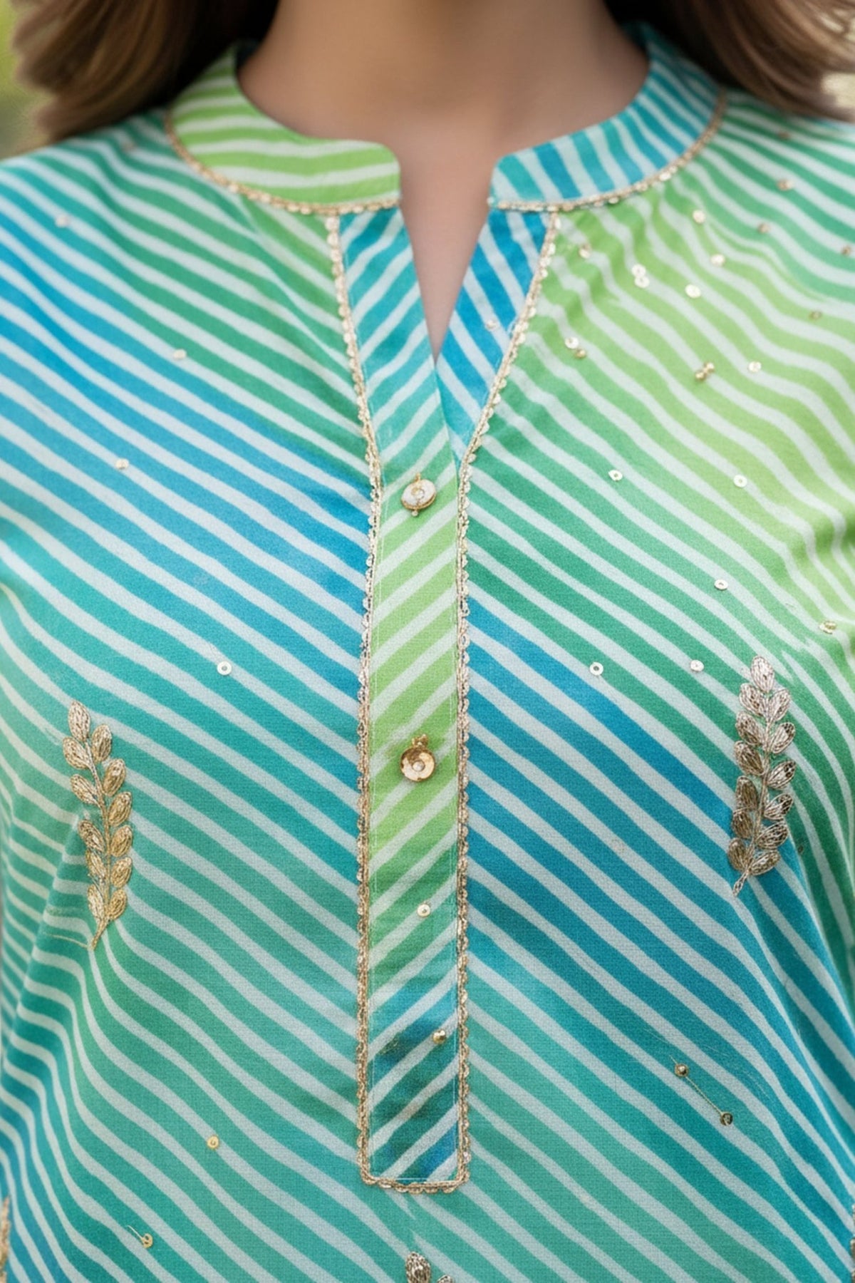 Teal Green & Yellow Striped Anarkali Kurta Set with Off-White Pleated A-Line Inner - Freyaa