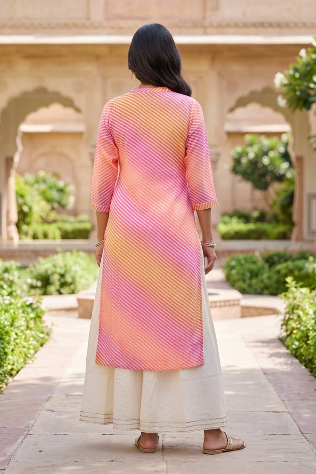 Pink & Yellow Striped Anarkali Kurta Set with off-White Pleated A-Line Inner. - Freyaa