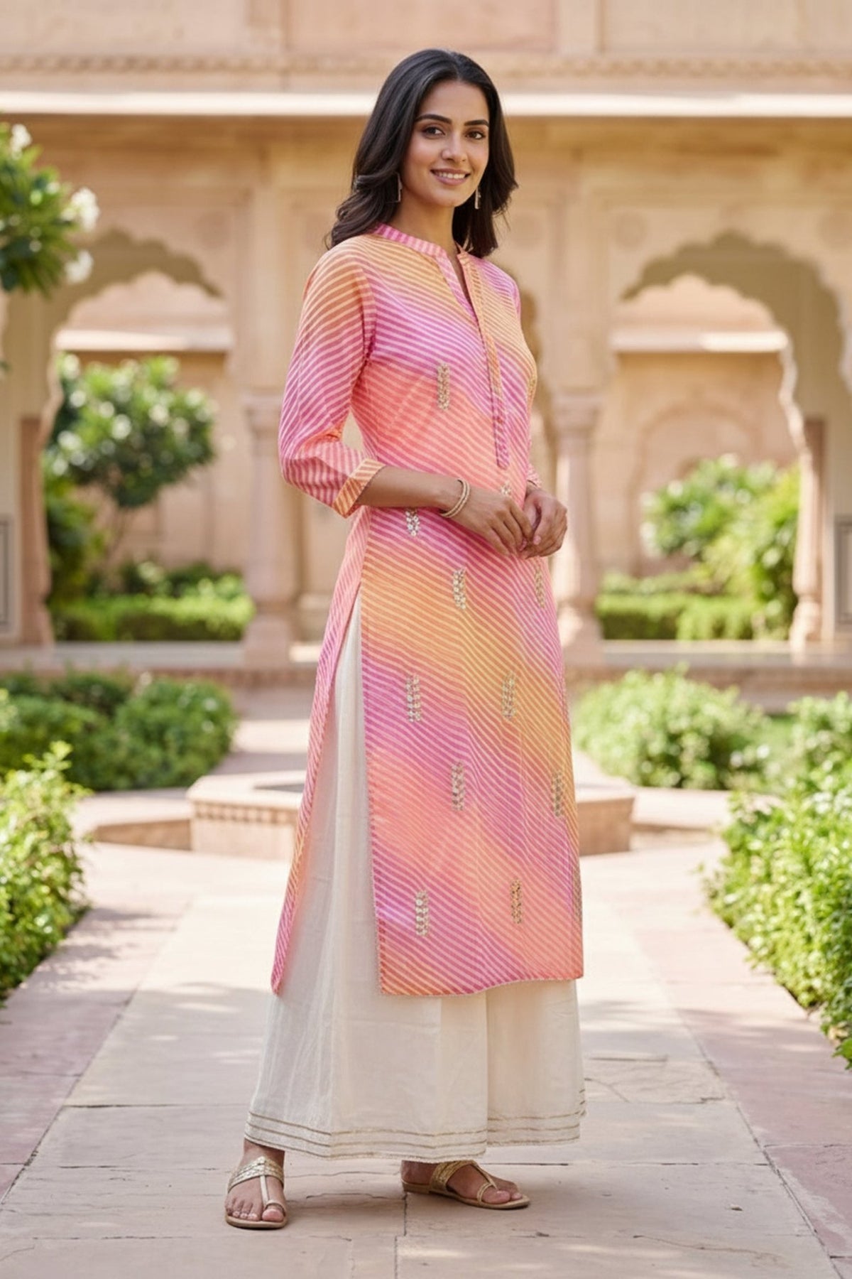 Pink & Yellow Striped Anarkali Kurta Set with off-White Pleated A-Line Inner. - Freyaa