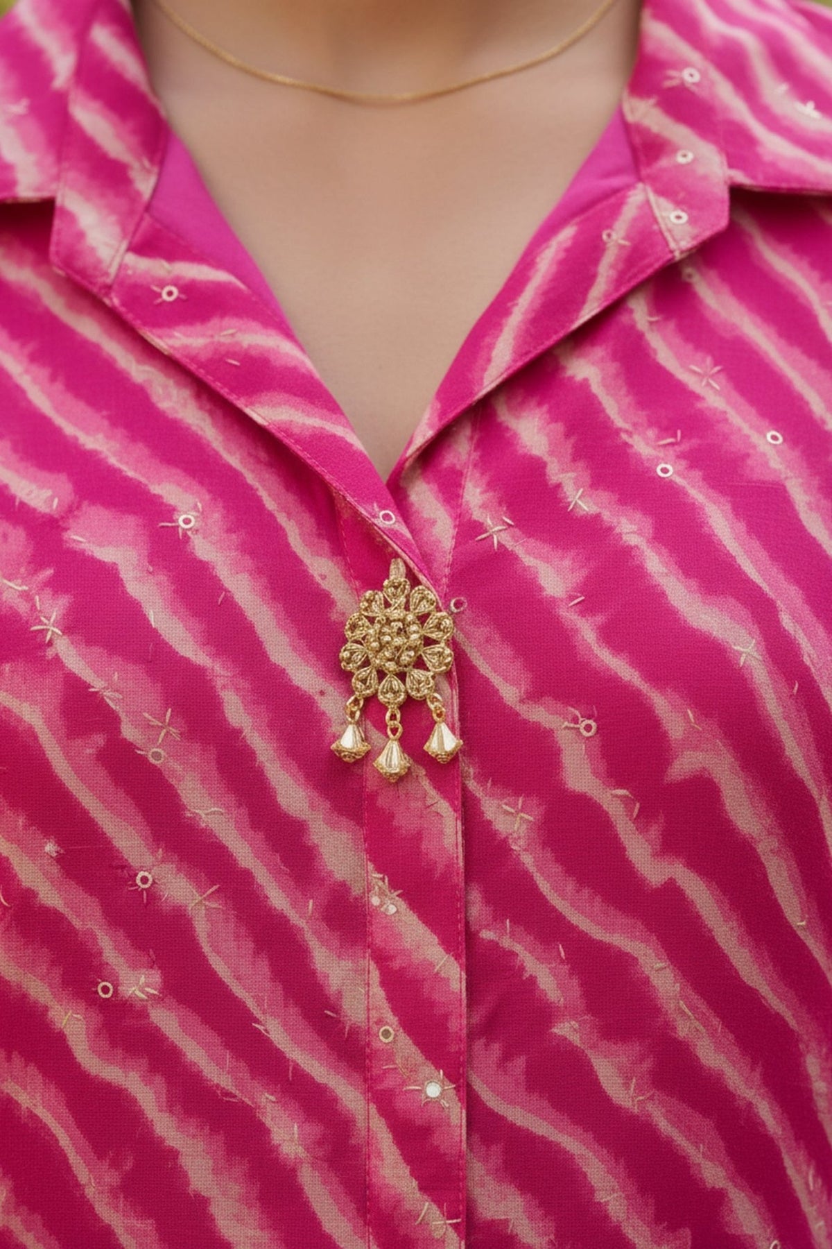 Rani Pink Georgette Leheriya Tunic With Pant Co-Ord Set. - Freyaa