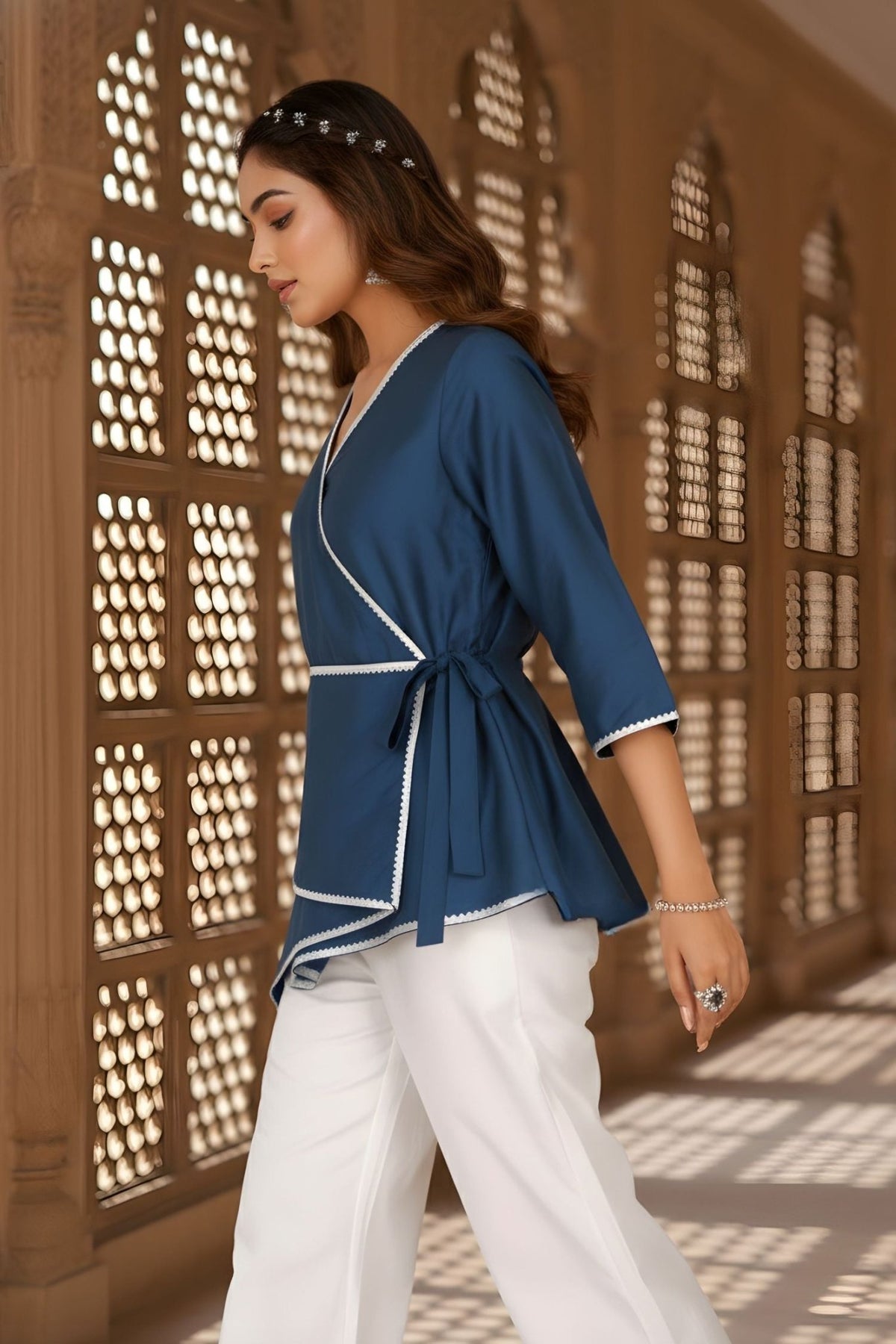 Blue Wrap-Style Asymmetric Top - Freyaa USA & Canada