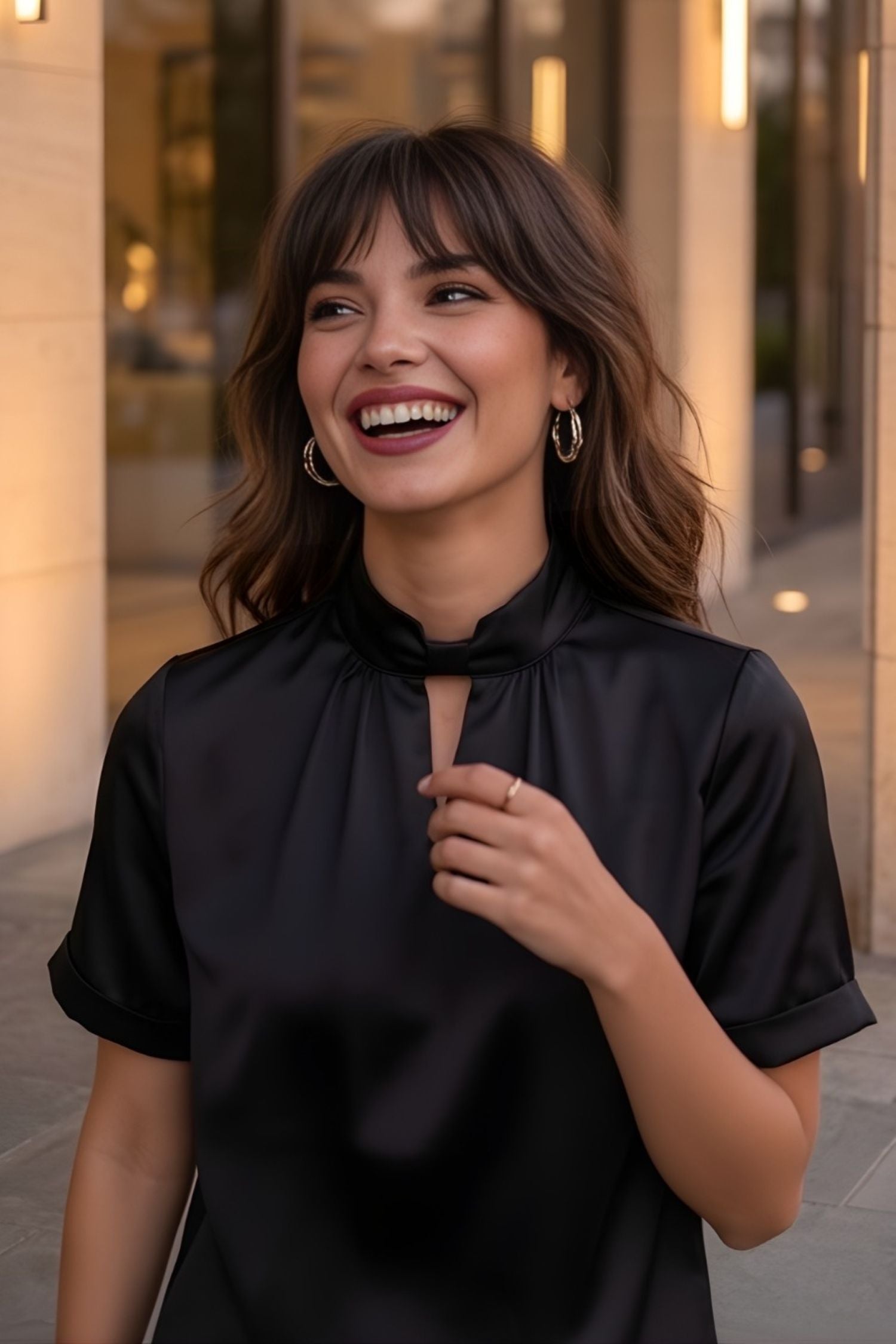 Black Satin Keyhole Neck Top