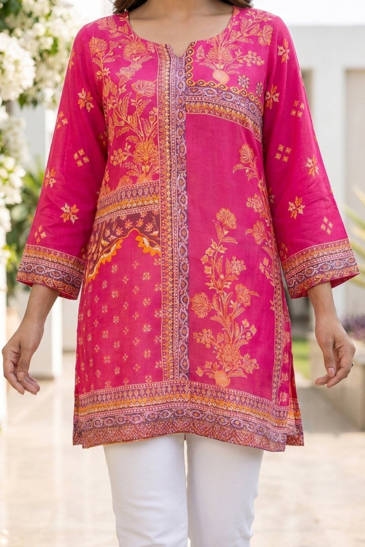 Fuchsia Pink Printed Straight Short Kurti Top - Freyaa USA & Canada