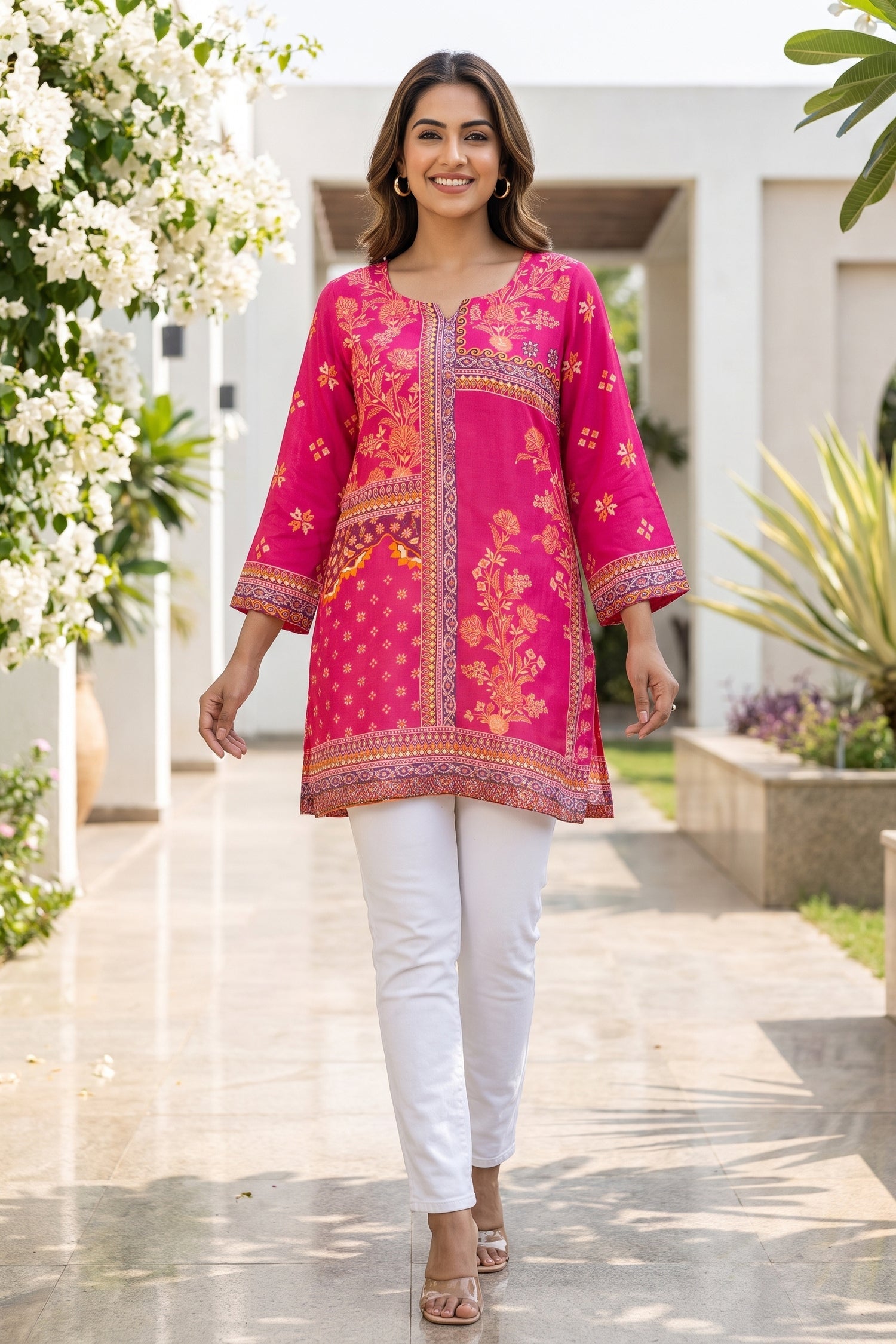 Fuchsia Pink Printed Straight Short Kurti Top