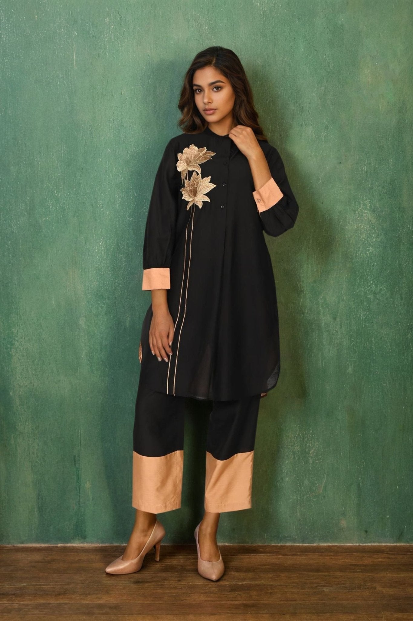 Black Satin Cord Set with Elegant Floral Design - Freyaa USA & Canada