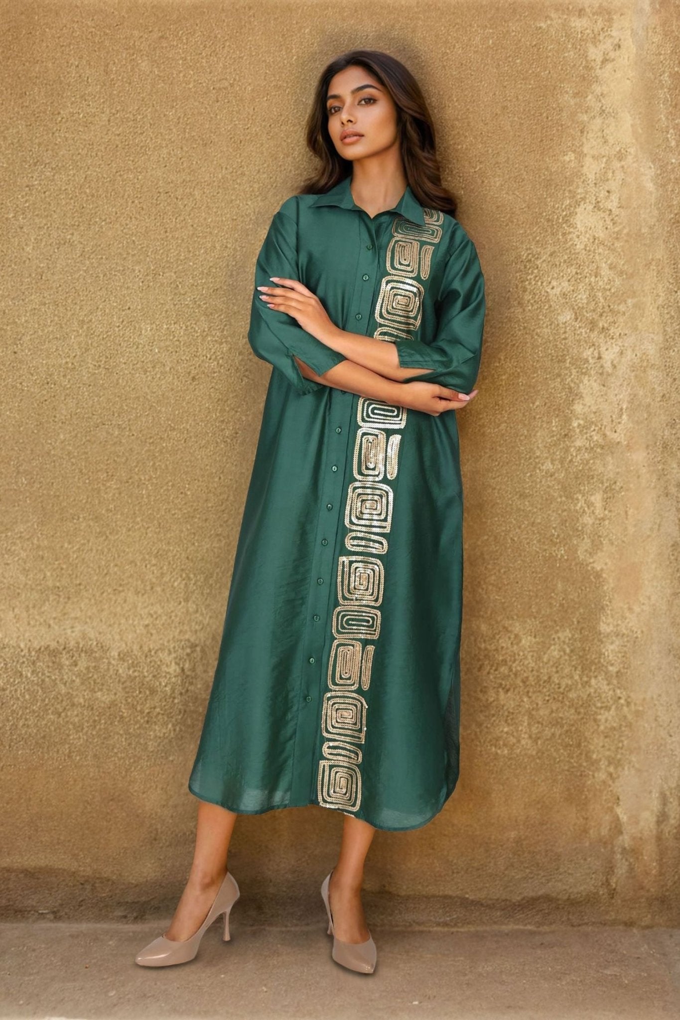 Green Satin Long Dress with Artistic Block Print Work - Freyaa USA & Canada