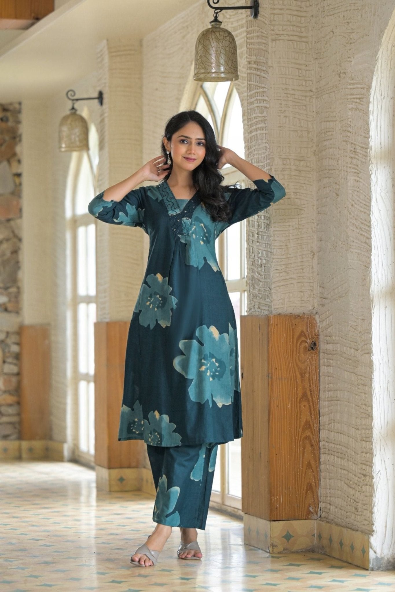 Blue Cotton Co-ord Set with Subtle Printed - Freyaa USA & Canada