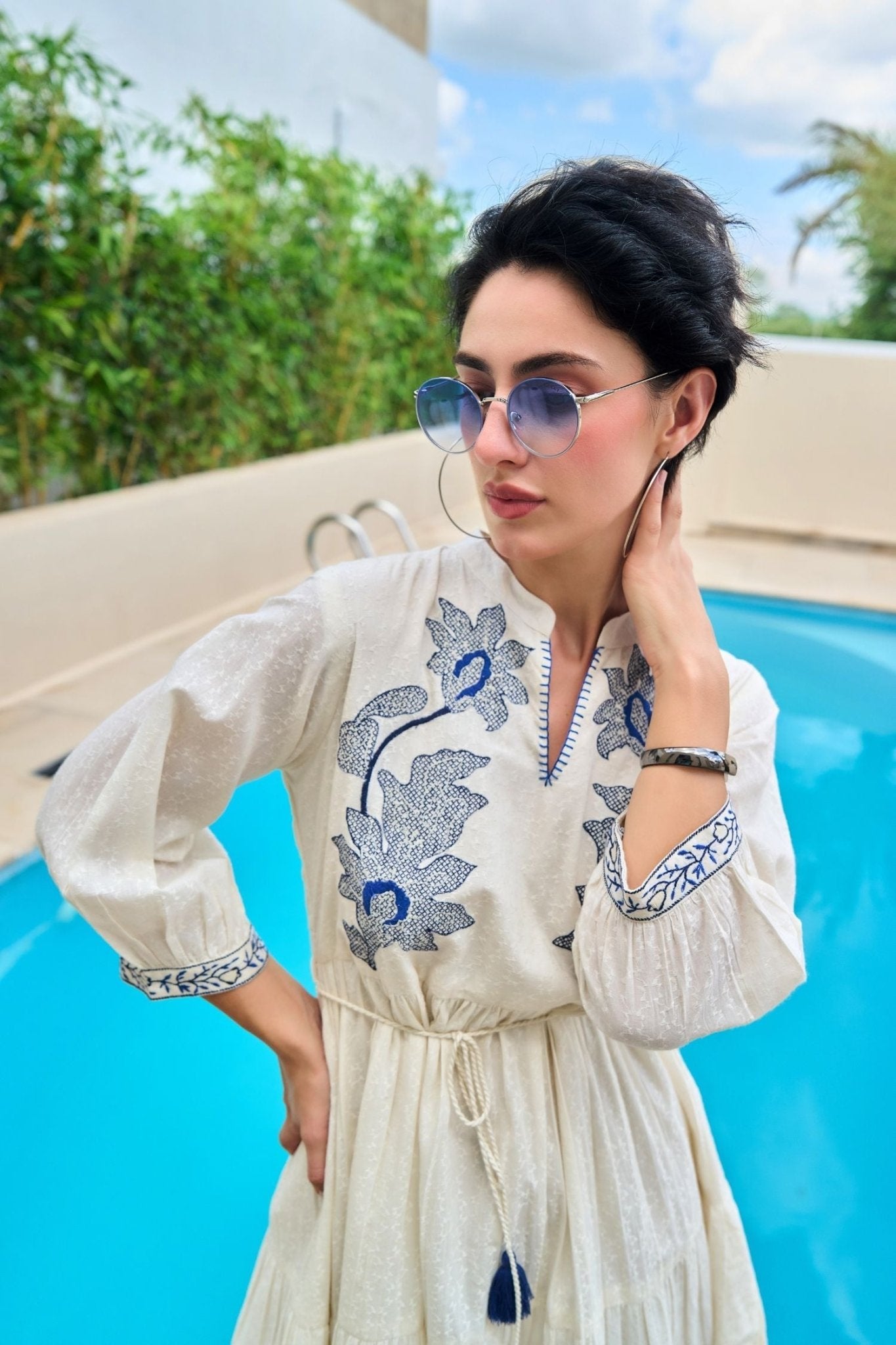 Blue Thread Embroidery Tunic - Freyaa USA & Canada