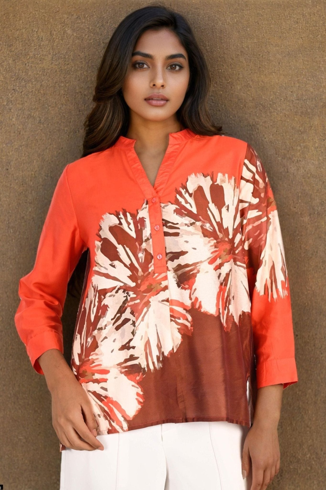 Stylish Orange Top with Burnt Flower Design - Freyaa USA & Canada
