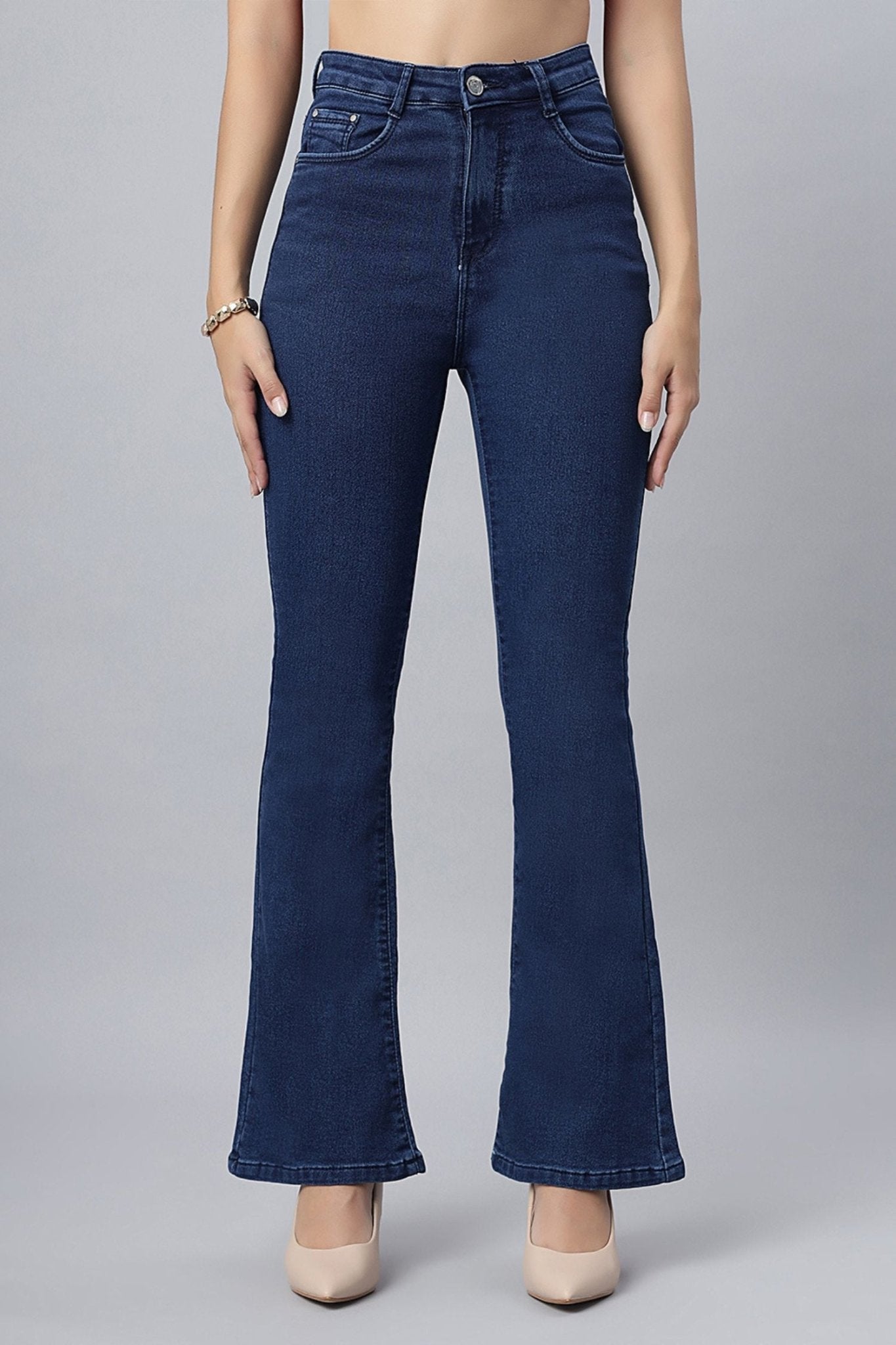High-Rise Blue Denim Bootcut Jeans - Freyaa USA & Canada
