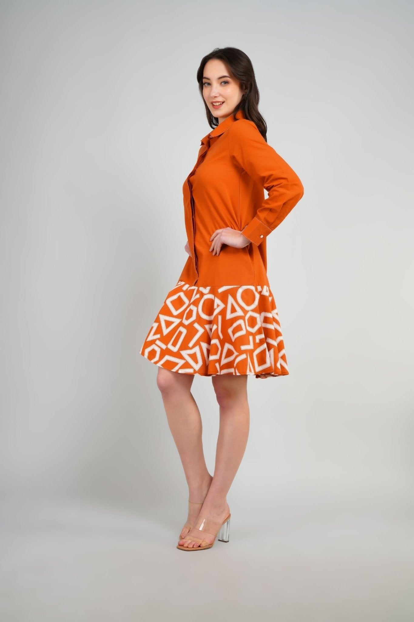 Orange Collared Print Style Tunic - Freyaa USA & Canada