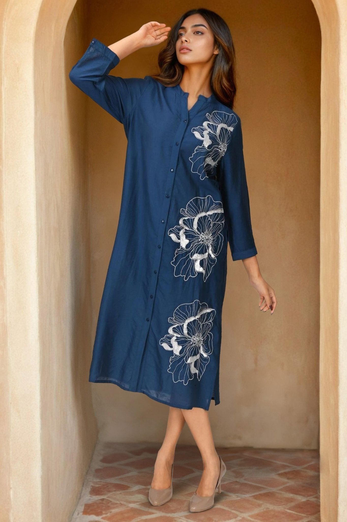 Navy Blue Long Shirt Style Dress with Embroidery - Freyaa USA & Canada