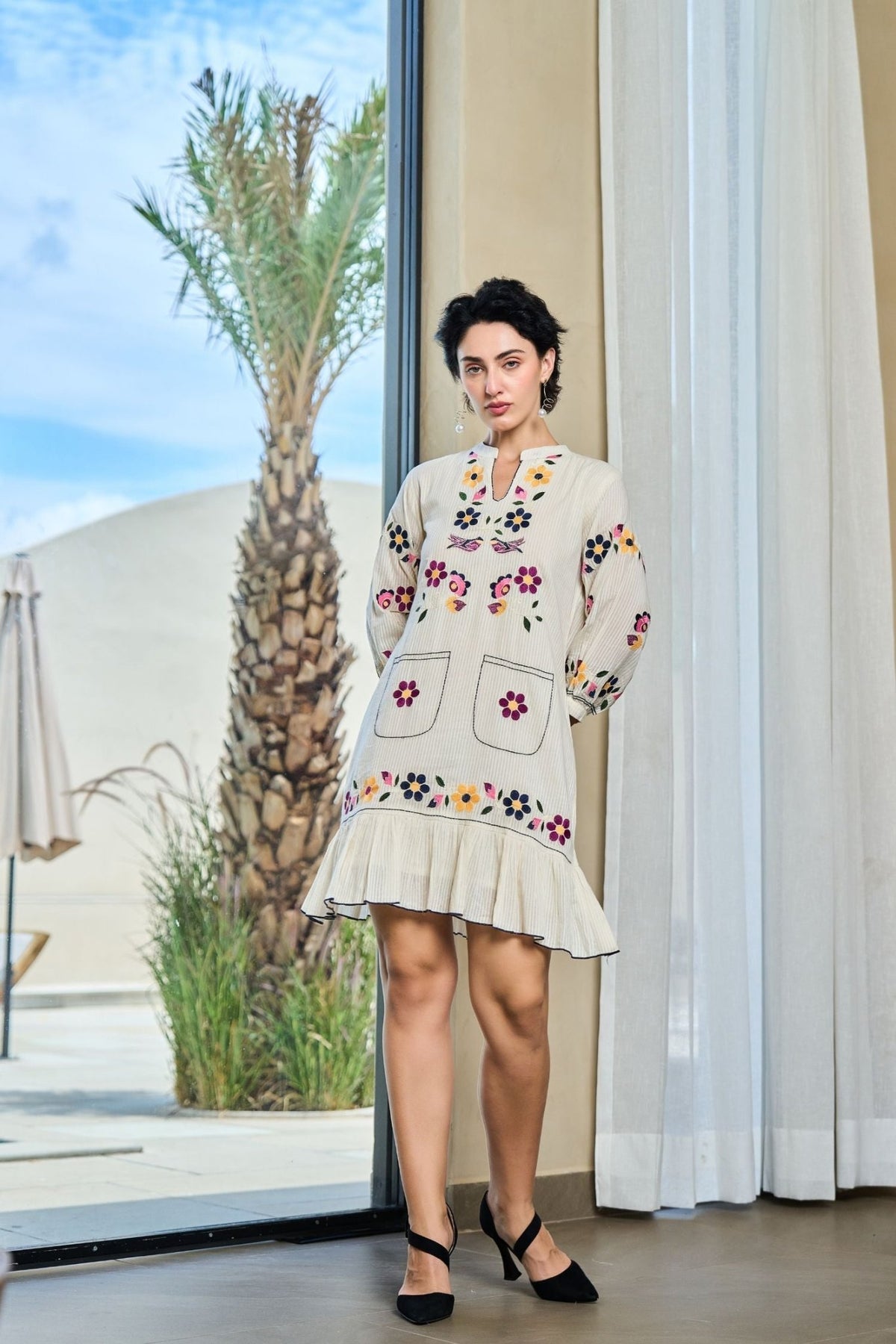 Off-White Tunic with Graceful Floral Print Detailing - Freyaa