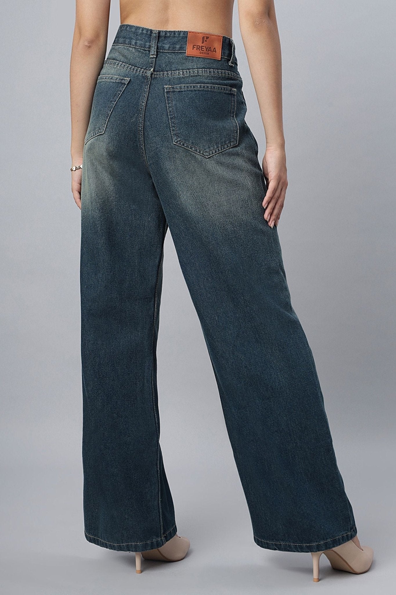 Teal Blue Shaded Wide-Leg Jeans - Freyaa USA & Canada