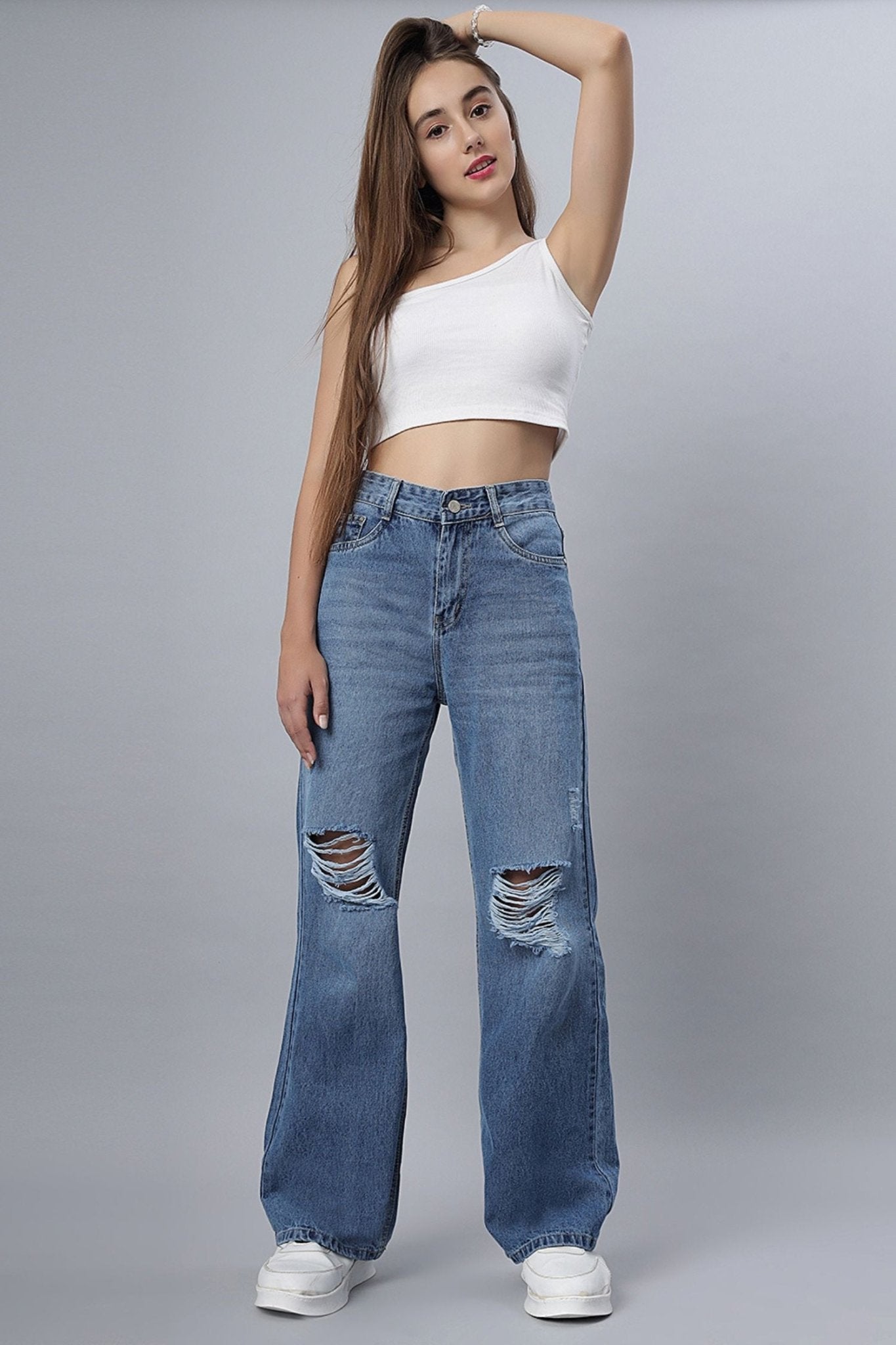 Basic Blue Straight-Leg Ripped Jeans - Freyaa USA & Canada