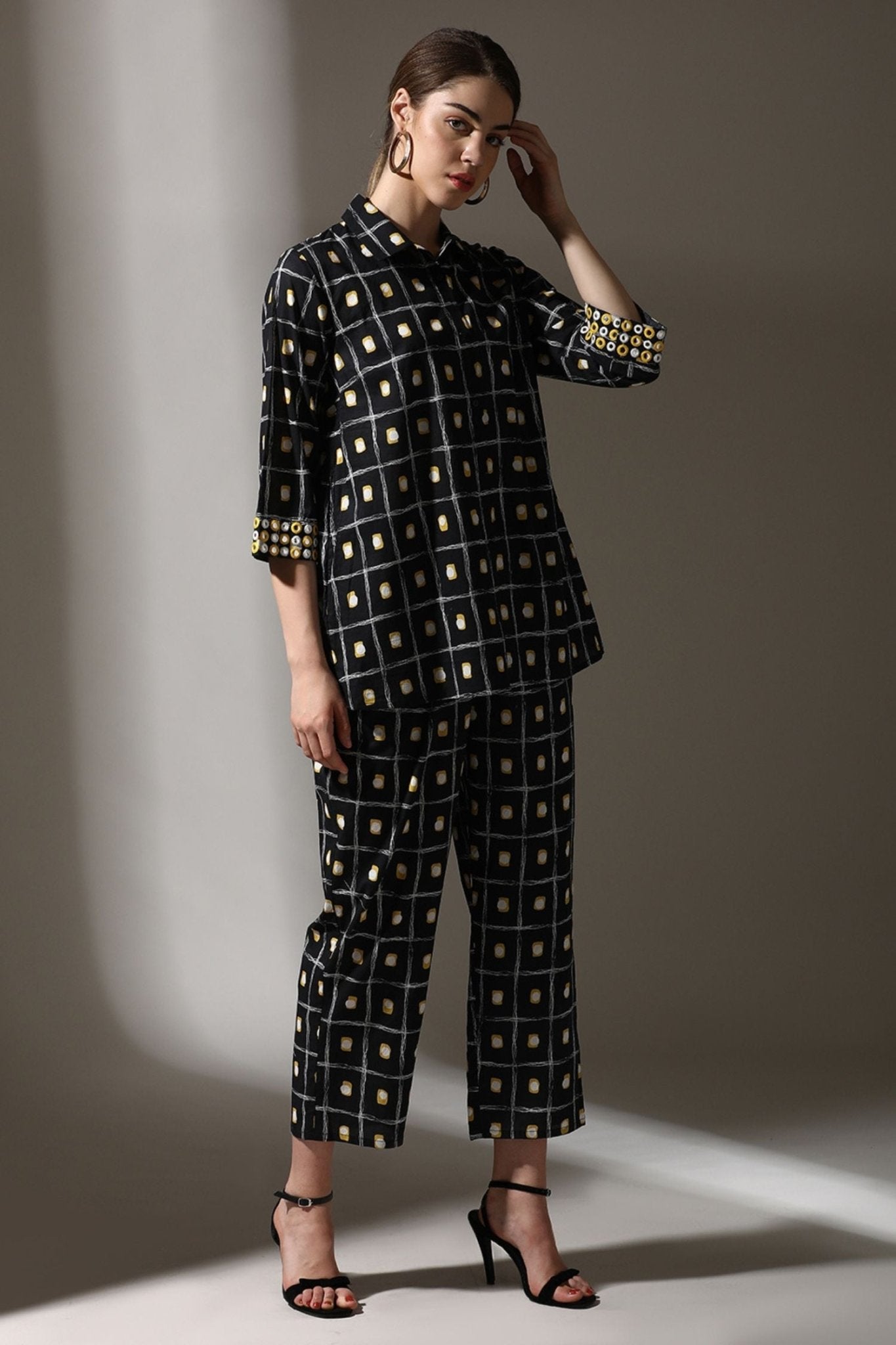Black Cotton Cord Set in Classic Shirt-Style Pattern - Freyaa USA & Canada