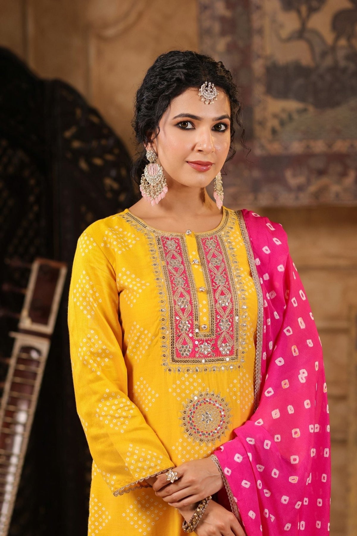 Freyaa yellow Embroidered Straight Kurta Trouser with Bandhni Dupatta Set - Freyaa USA & Canada